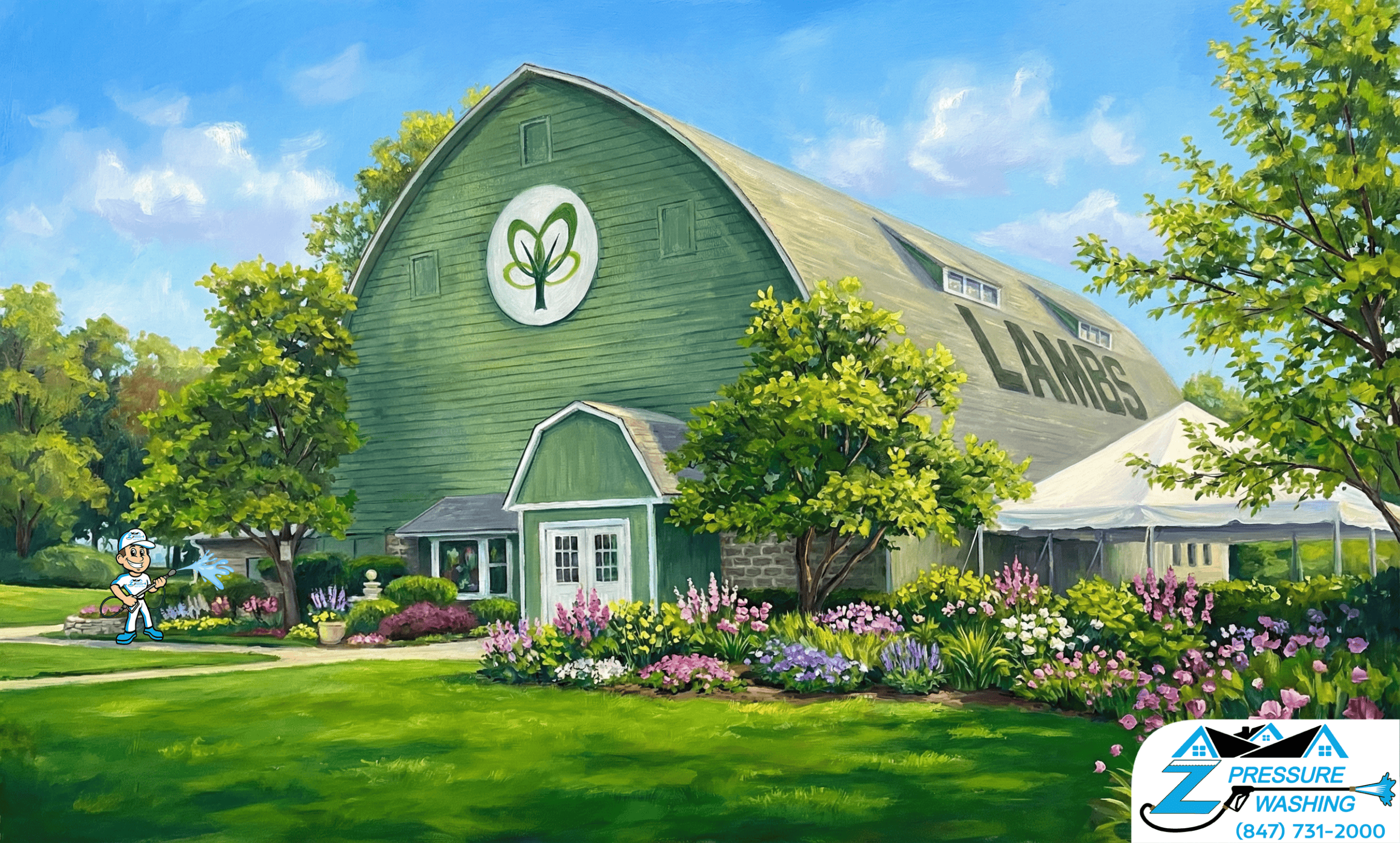 Z Pressure Washing avatar soft washing stone building at Lambs Farm Campus Green Oaks, IL. Spring flowers and trees.