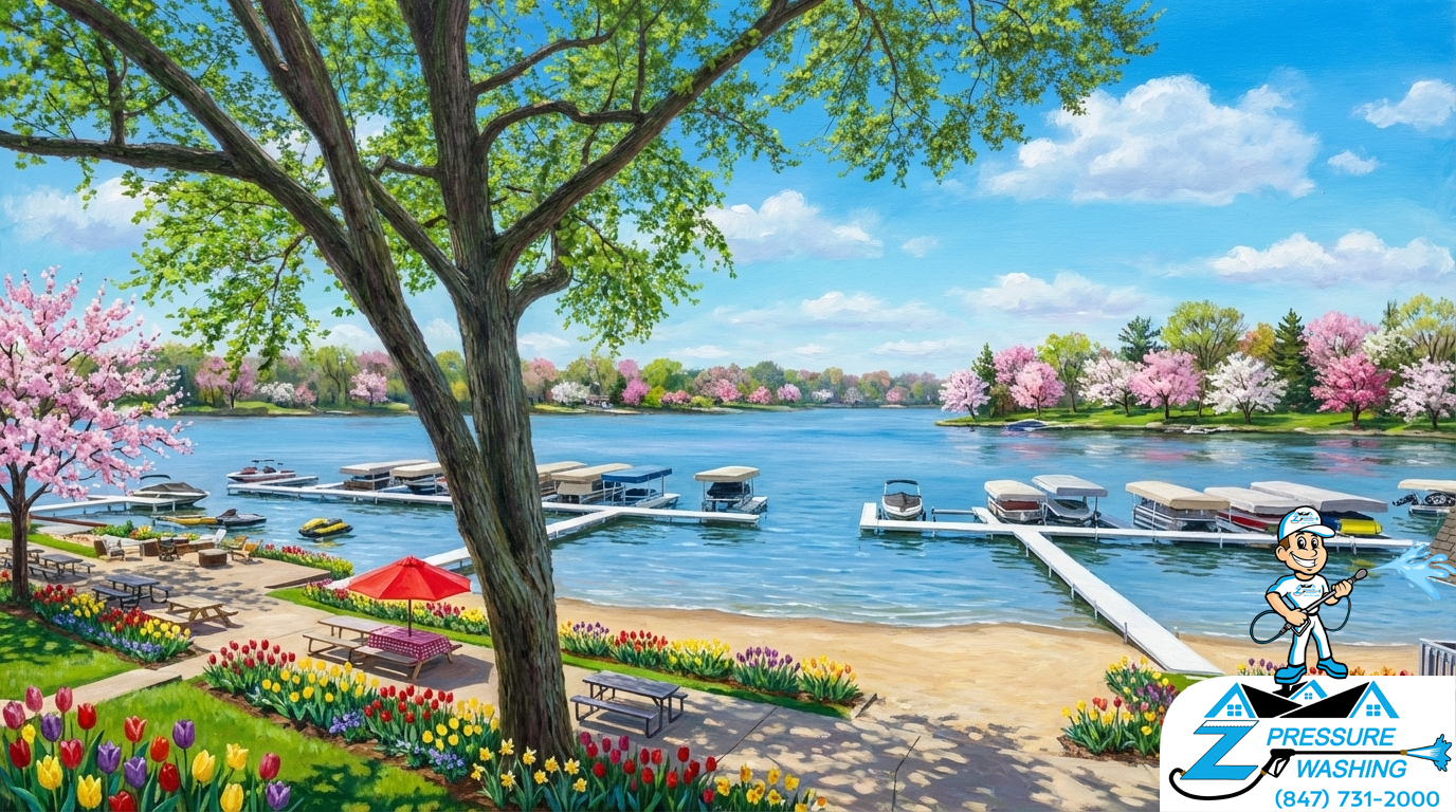 Z Pressure Washing avatar roof washing at the Lance Park, Twin Lakes, WI. Spring flowers and trees. Sunny day.