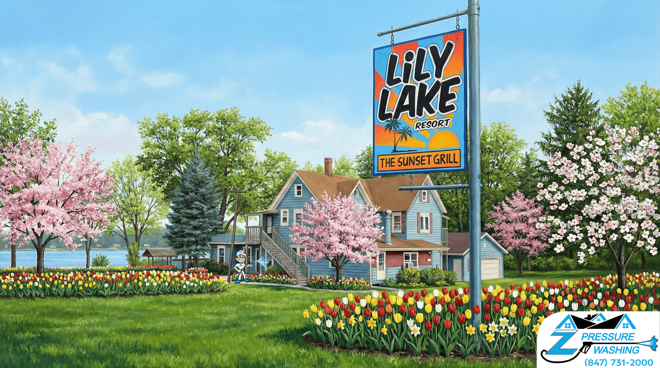 Z Pressure Washing avatar house washing at Lily Lake Resort, Lily Lake, WI. Spring flowers and trees. Lake in background.