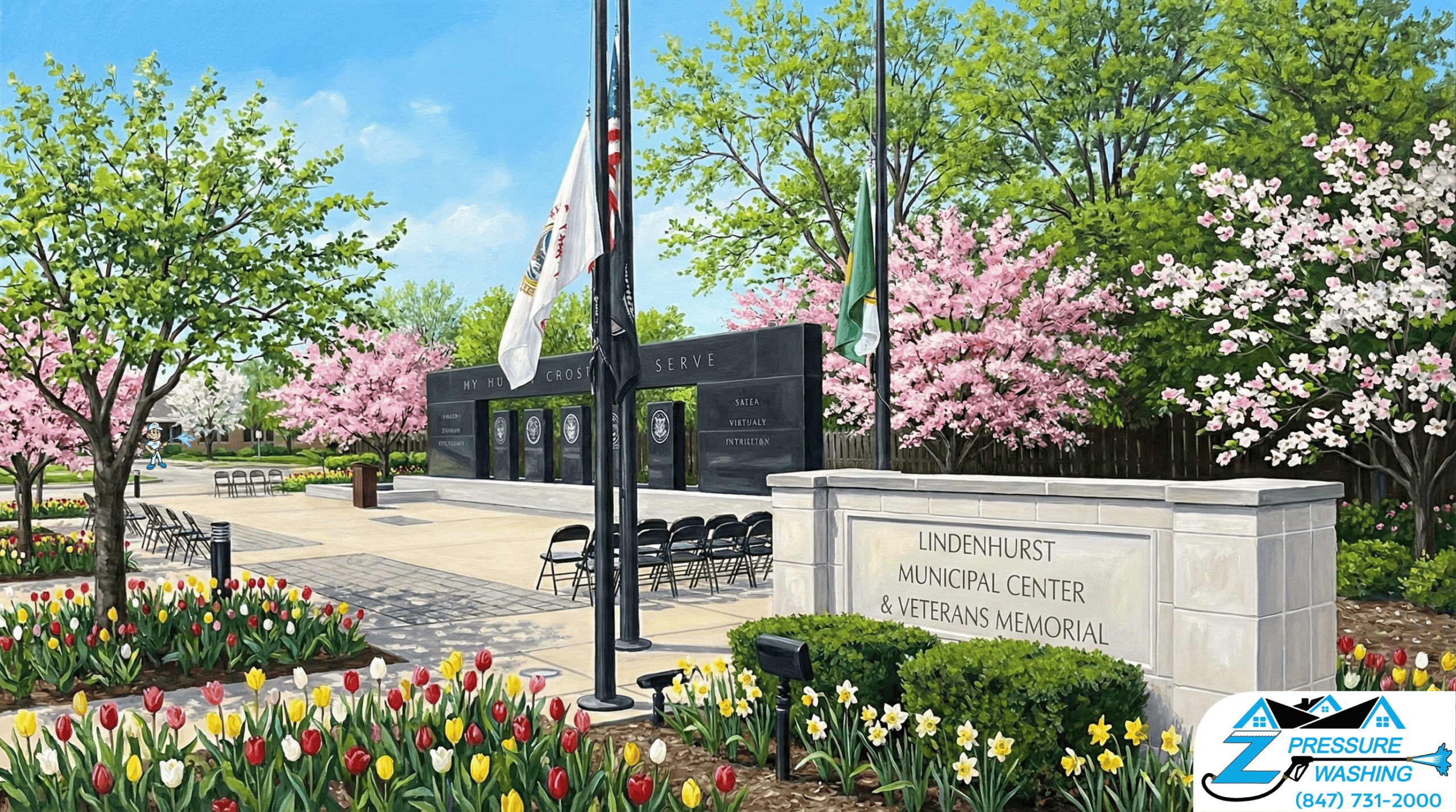 Z Pressure Washing avatar soft washing building Lindenhurst Veterans Memorial, Lindenhurst, IL. Spring flowers and trees.