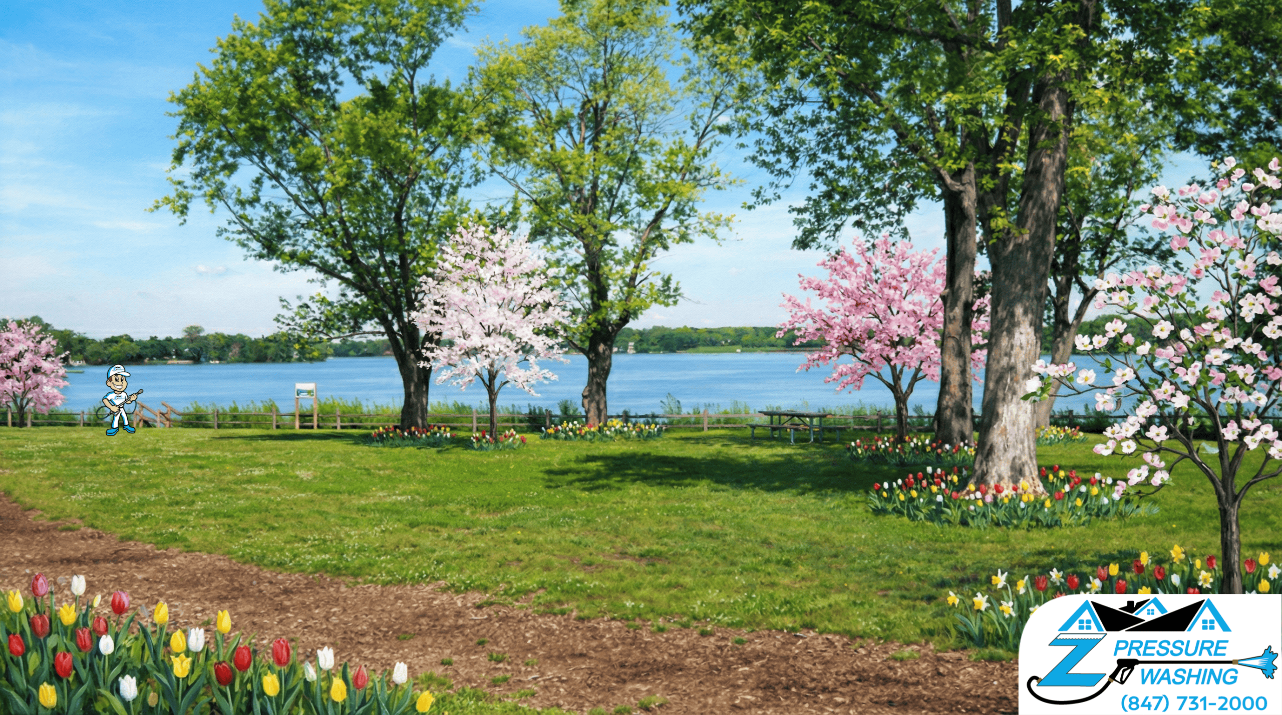 Z Pressure Washing avatar posing near Long Lake Park, Round Lake Park, IL. Spring flowers and trees. Blue water background.