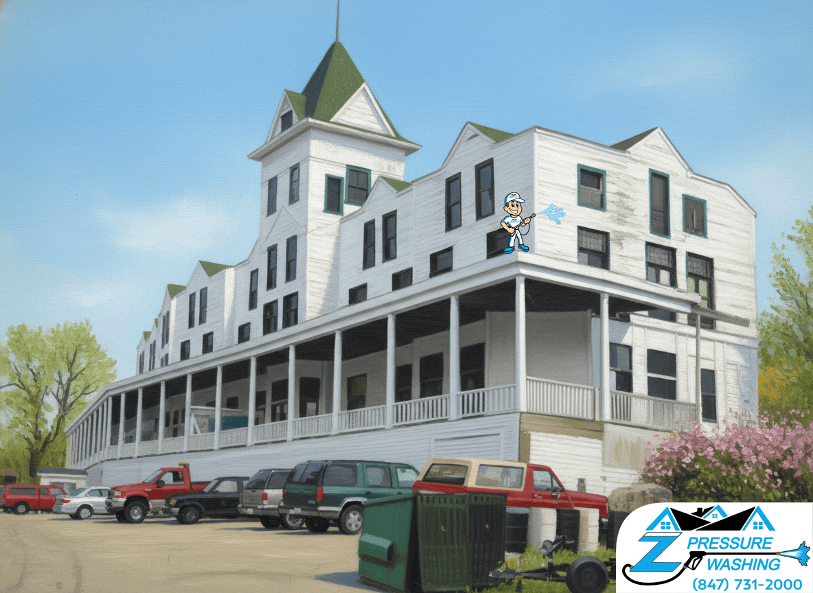 Z Pressure Washing avatar is house washing the historic Mineola Hotel in Fox Lake, IL. Spring flowers and trees.