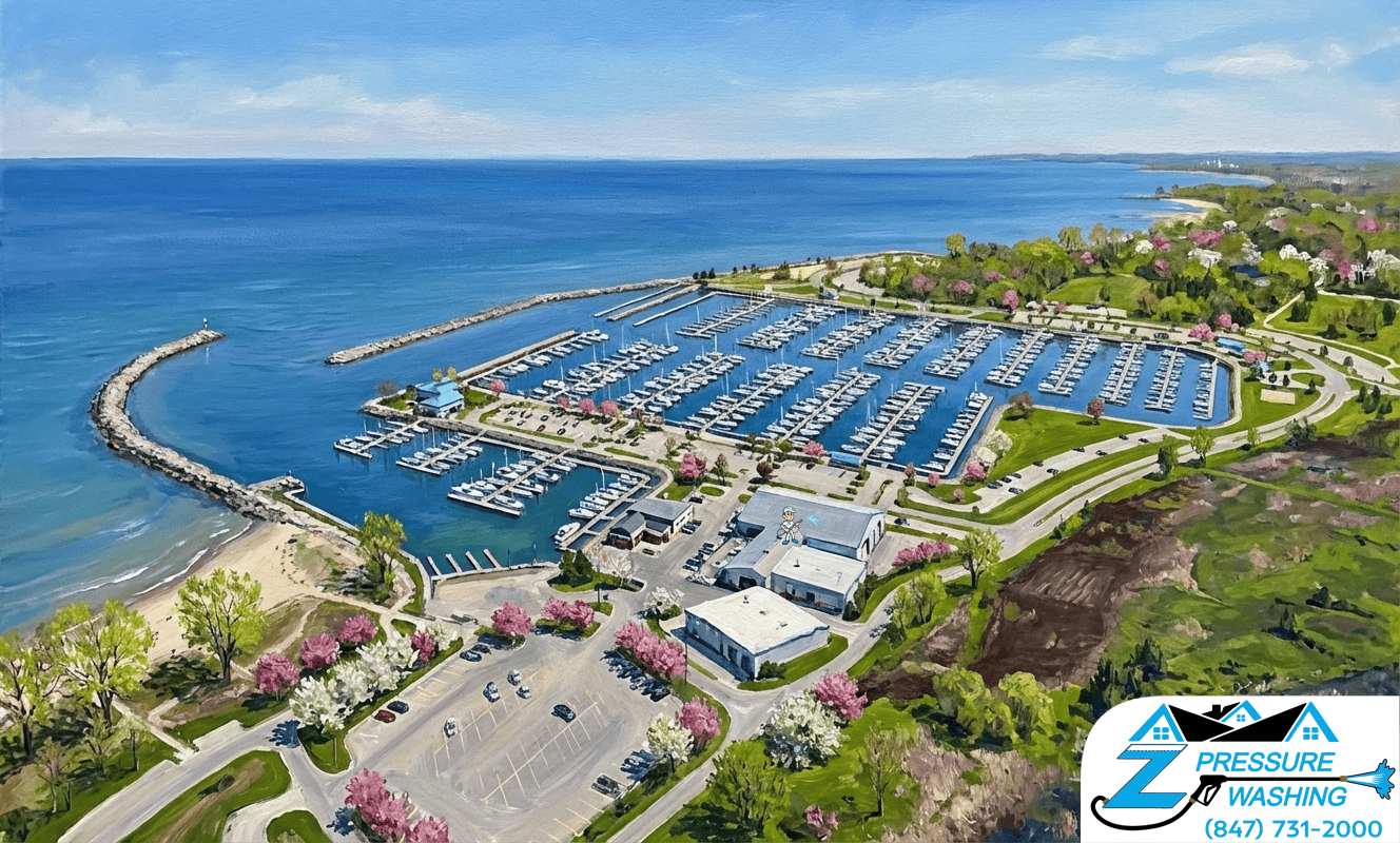 Z Pressure Washing avatar roof washing at the North Point Marina, Winthrop Harbor, IL. Spring flowers and trees. Sunny.