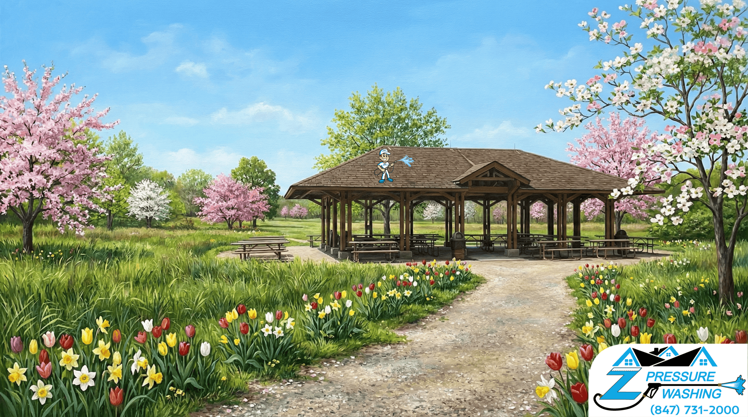 Z Pressure Washing avatar roof washing the pavilion at Old School Forest Preserve, Mettawa, IL. Spring flowers and trees.