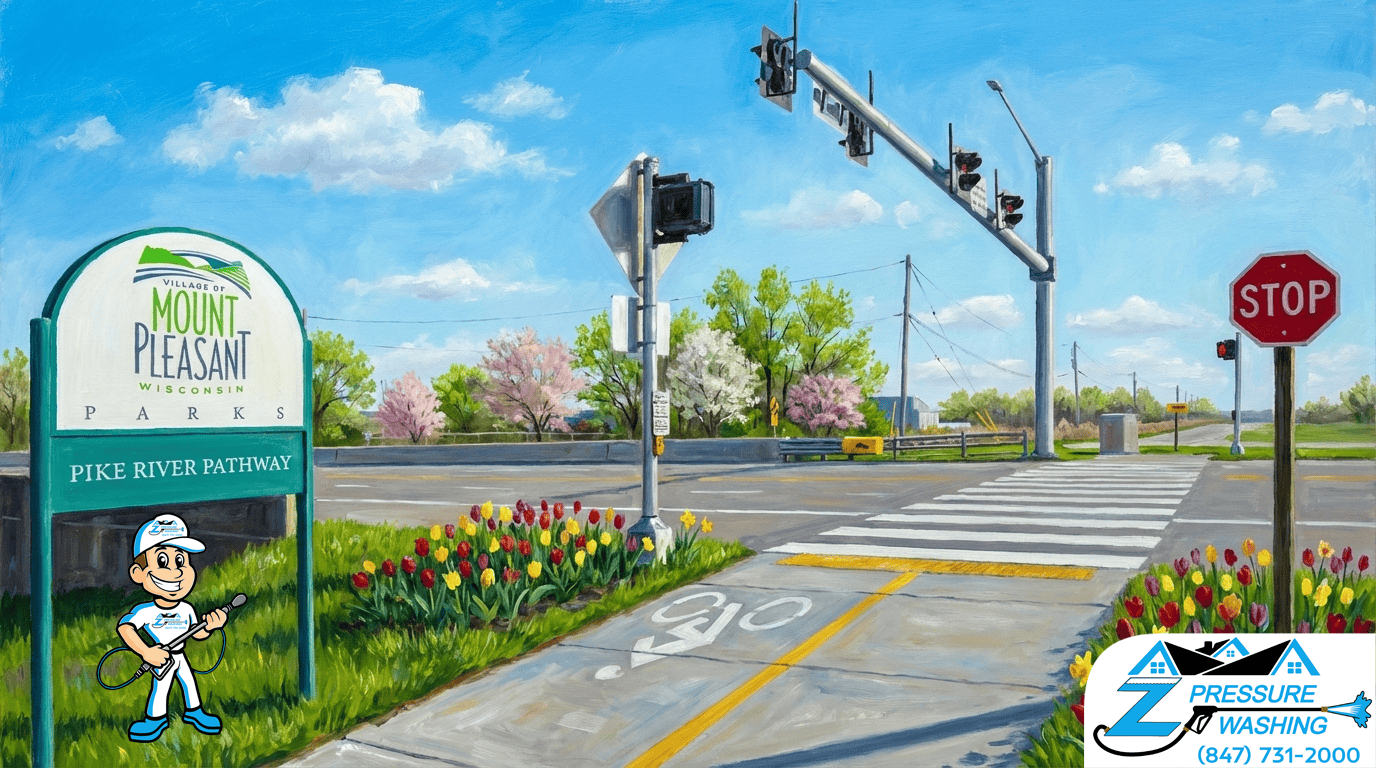 Z Pressure Washing avatar posing by the Pike River Pathway, Mount Pleasant, WI. Spring flowers and trees. Sunny day.