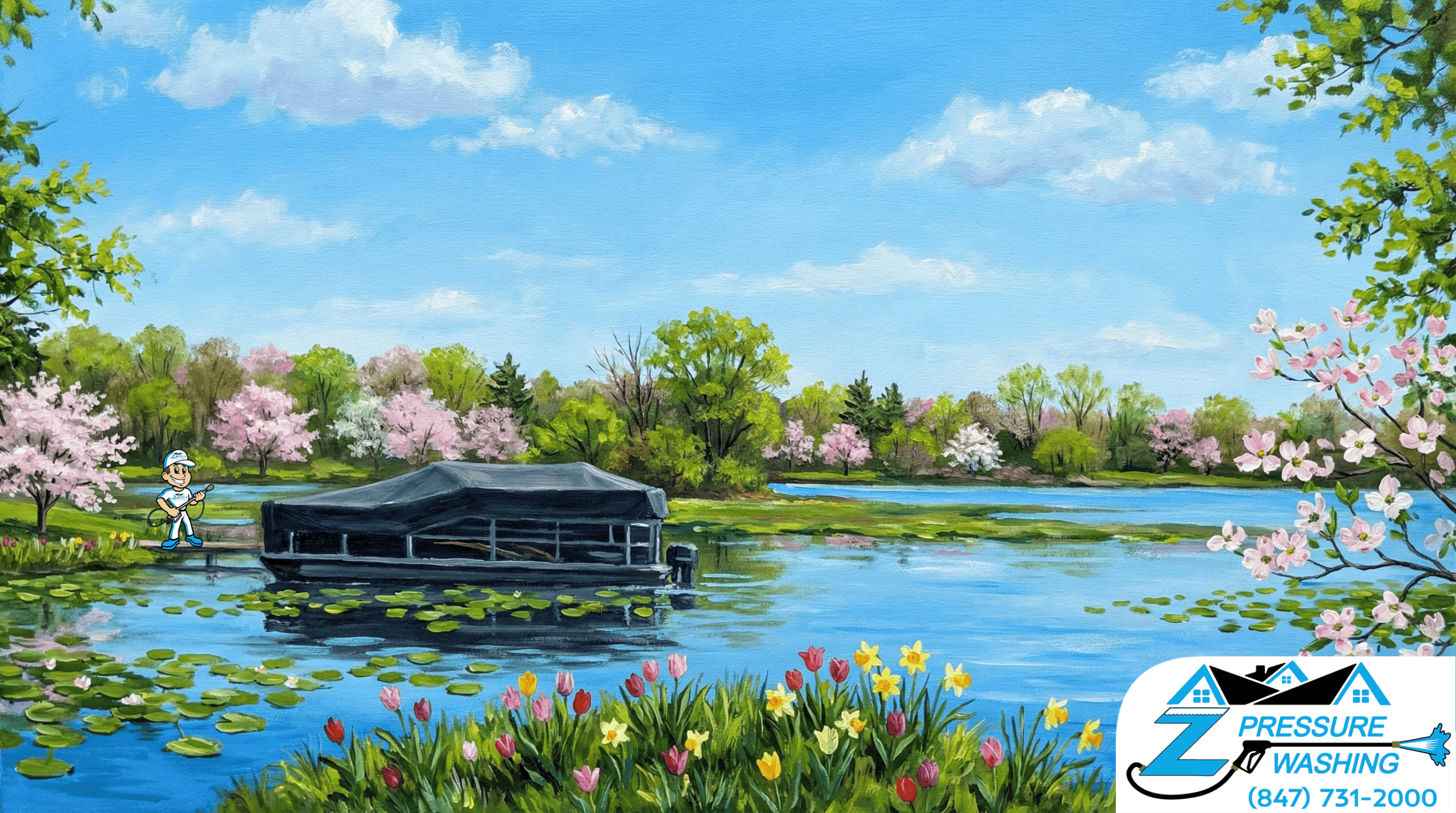 Z Pressure Washing avatar posing on dock by boat on Private Lakefront, Voltz Lake, WI. Spring flowers and trees. Sunny day.