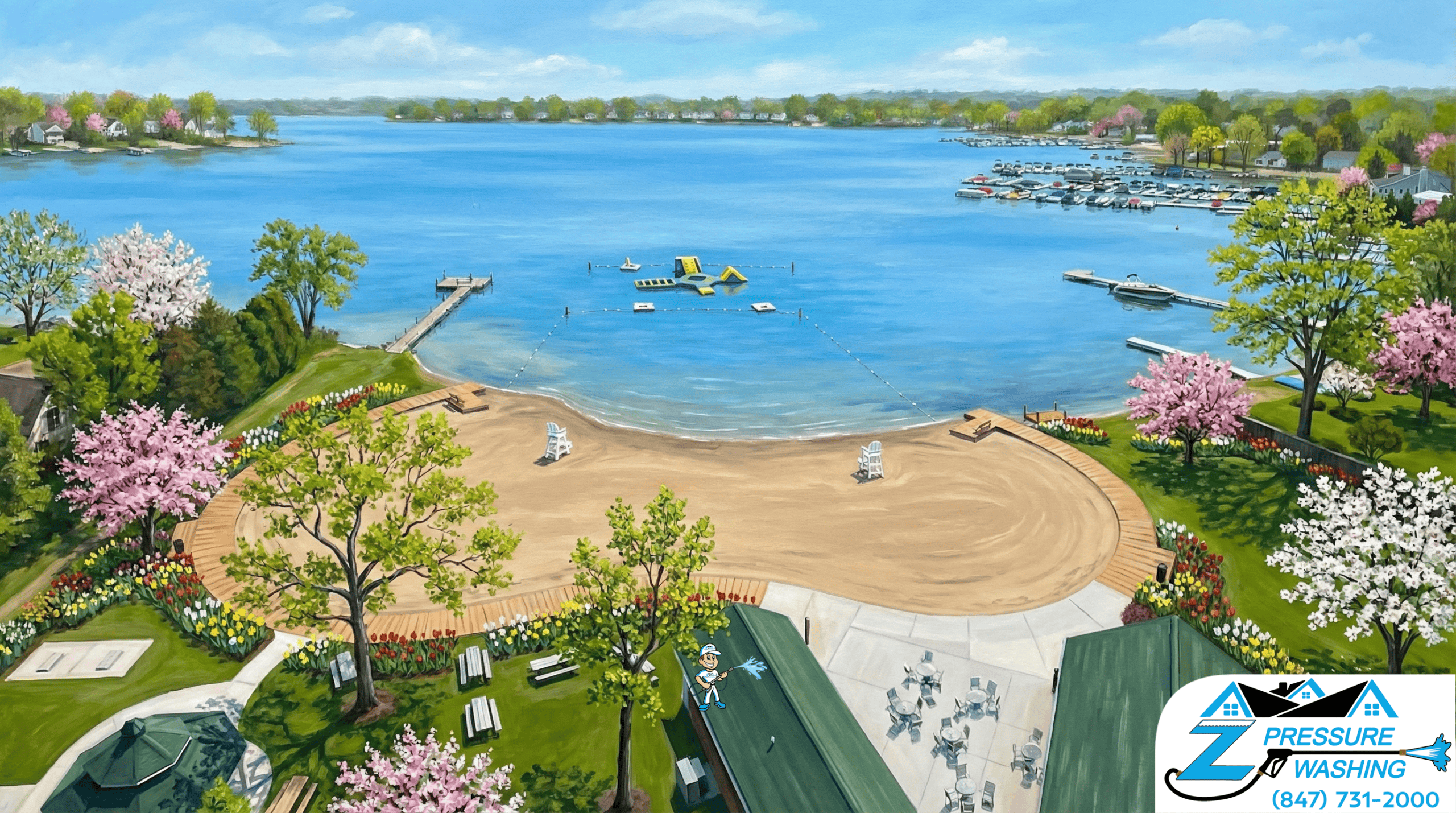 Z Pressure Washing avatar roof washing concession stand at Public Beach, Wauconda, IL. Spring flowers and trees. Lake.