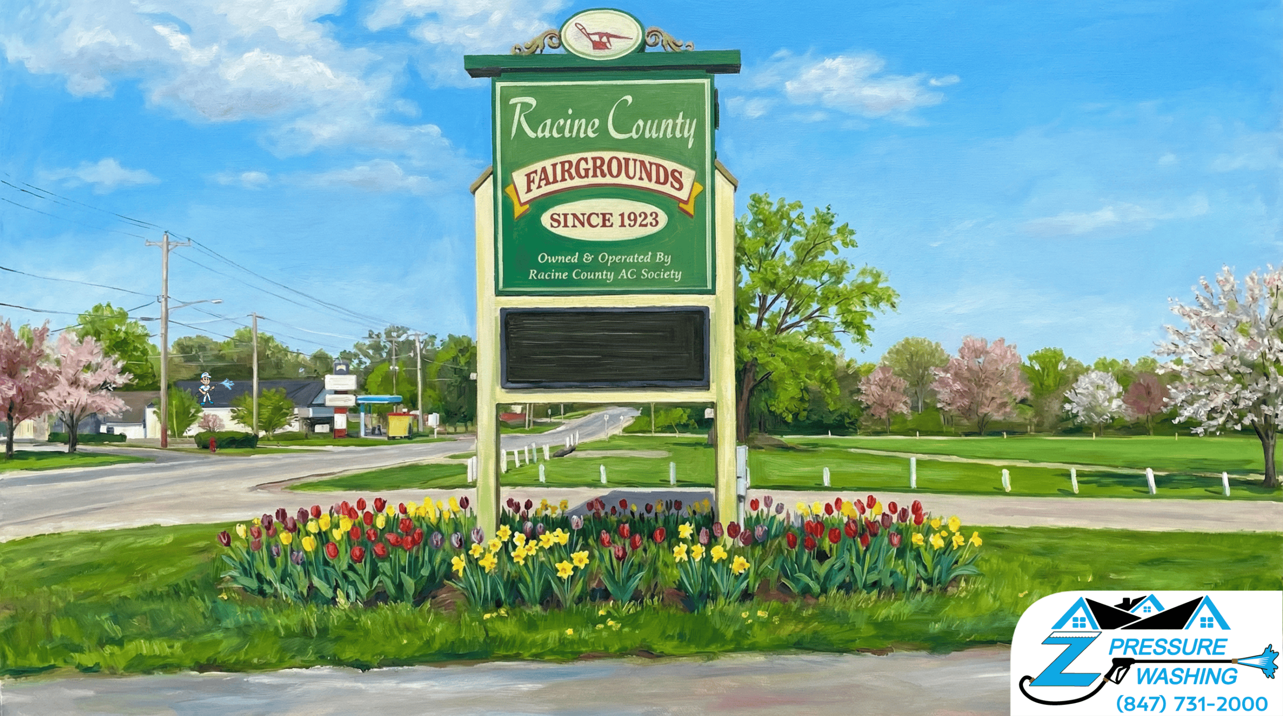 Z Pressure Washing avatar roof washing near Racine County Fairgrounds, Yorkville, WI. Spring flowers and trees. Sunshine.