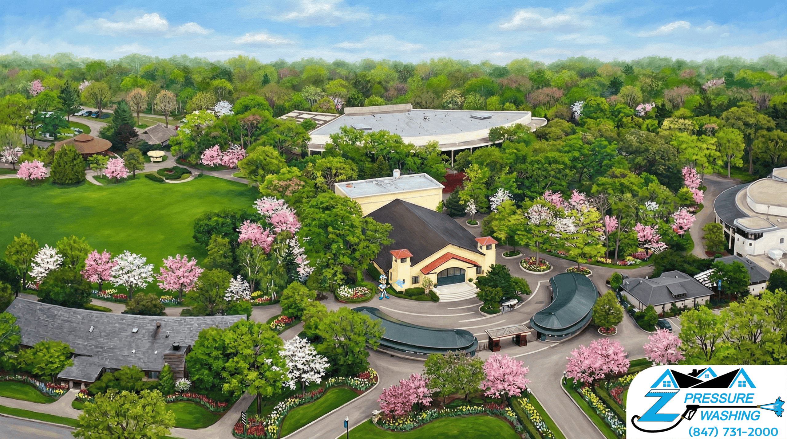 Z Pressure Washing avatar soft washing commercial building Ravinia Festival Highland Park, IL. Spring flowers and trees.