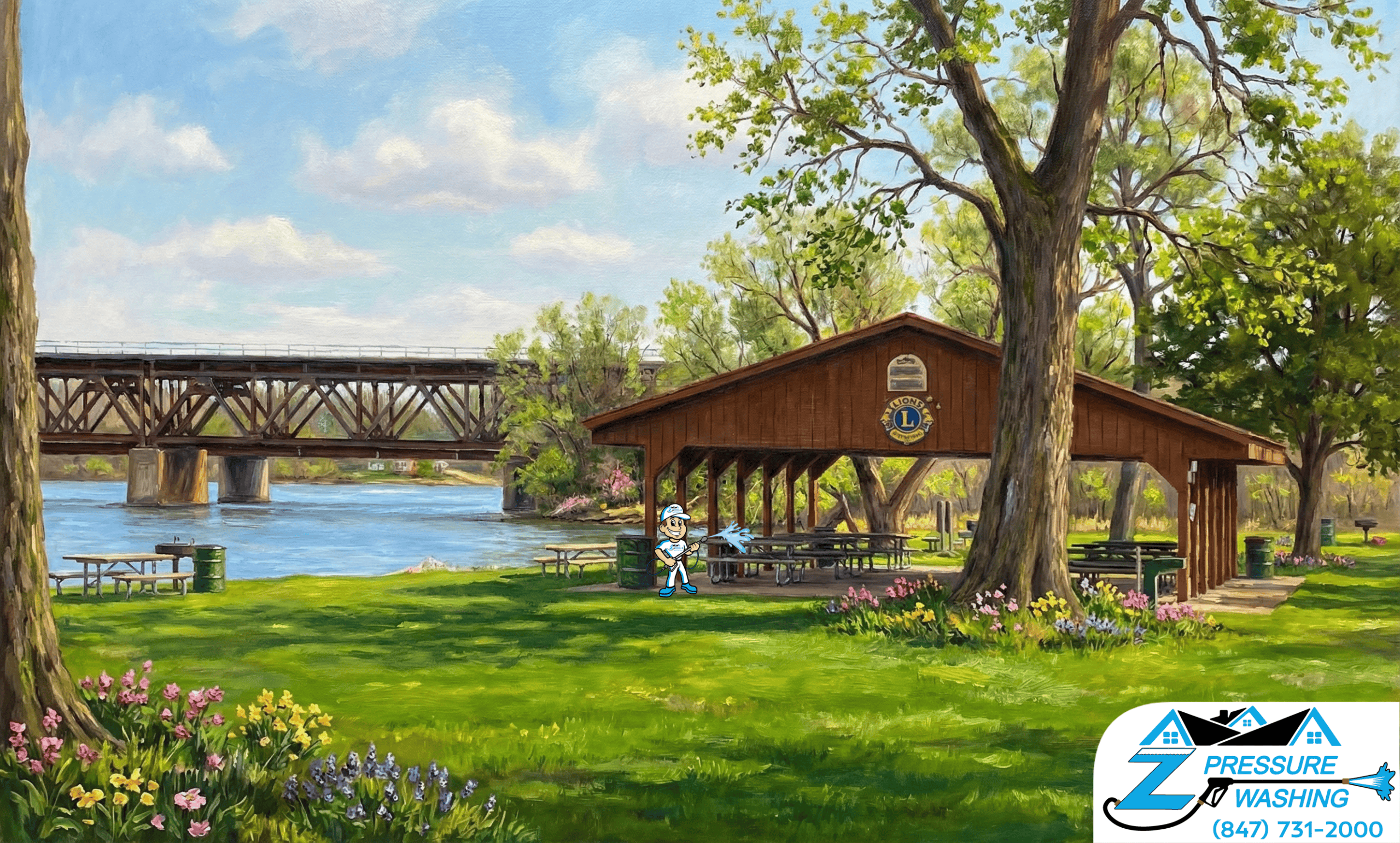 Z Pressure Washing avatar is house washing pavilion at Riverfront Parks Fox River Grove, IL. Spring flowers and trees.