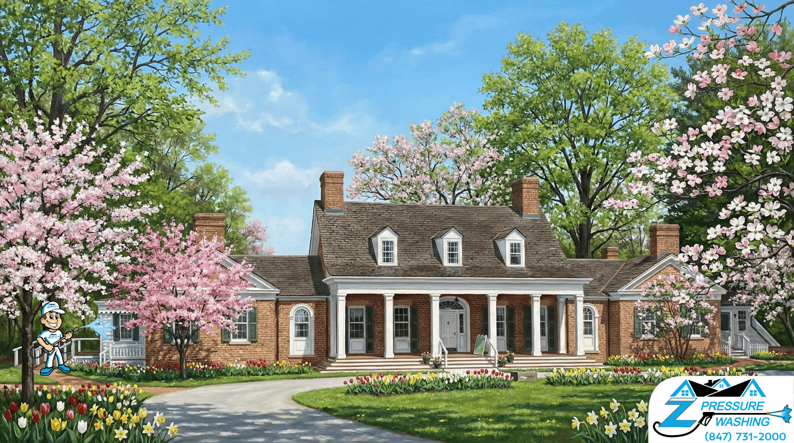 Z Pressure Washing avatar house washing at Ryerson Conservation Area Riverwoods, IL. Spring flowers and trees. Sunshine.