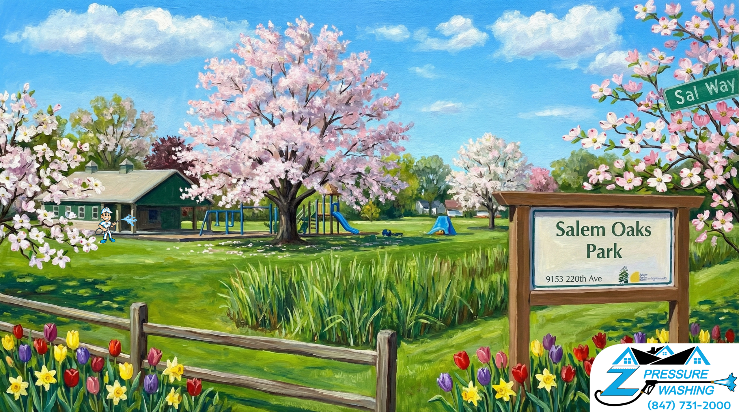 Z Pressure Washing avatar soft washing park building at Salem Oaks Park, Salem Oaks, WI. Spring flowers and trees.