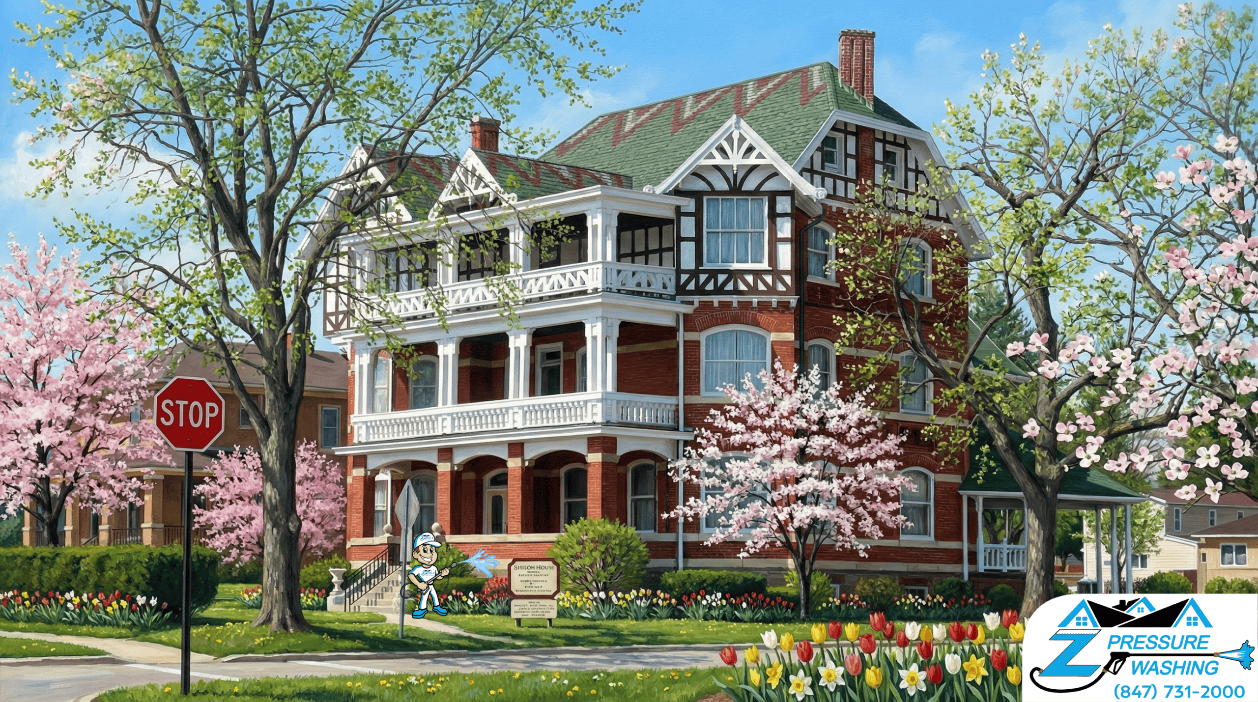 Z Pressure Washing avatar house washing with low pressure at the Shiloh House, Zion, IL. Spring flowers and trees. Sunny.