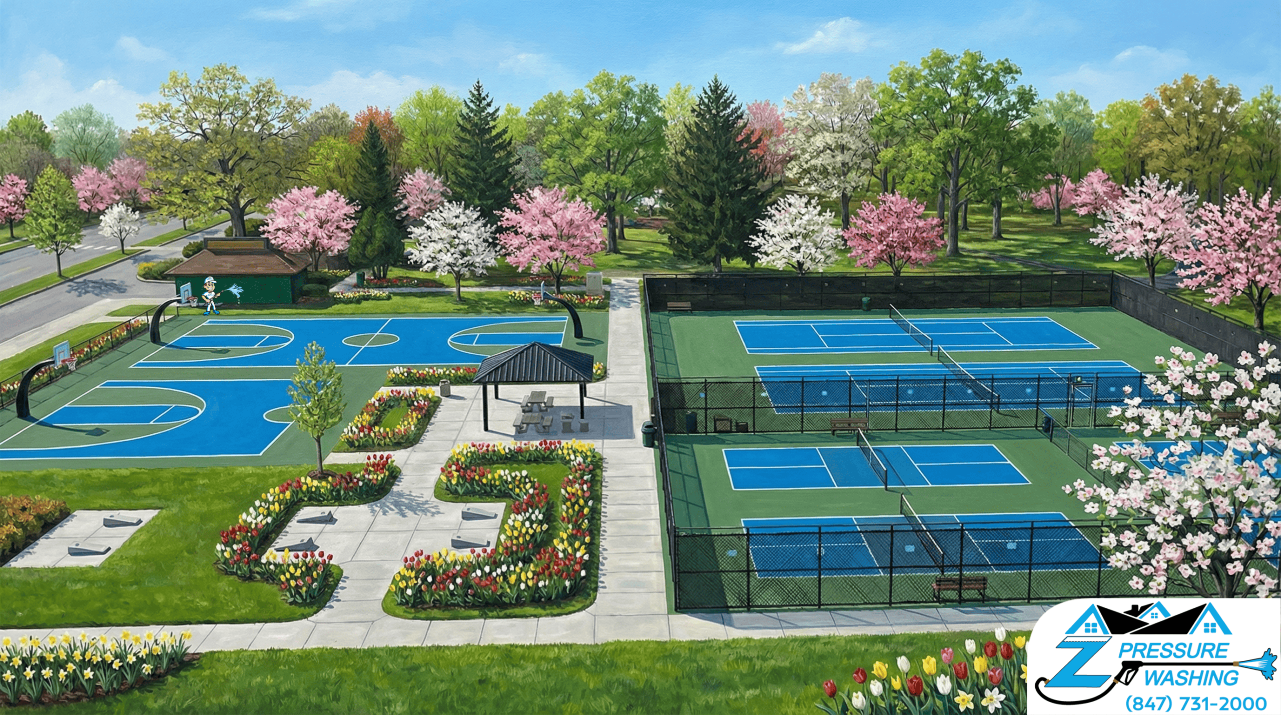 Z Pressure Washing avatar house washing building at Shiloh Park, Zion Township, IL. Spring flowers and trees. Sunny.