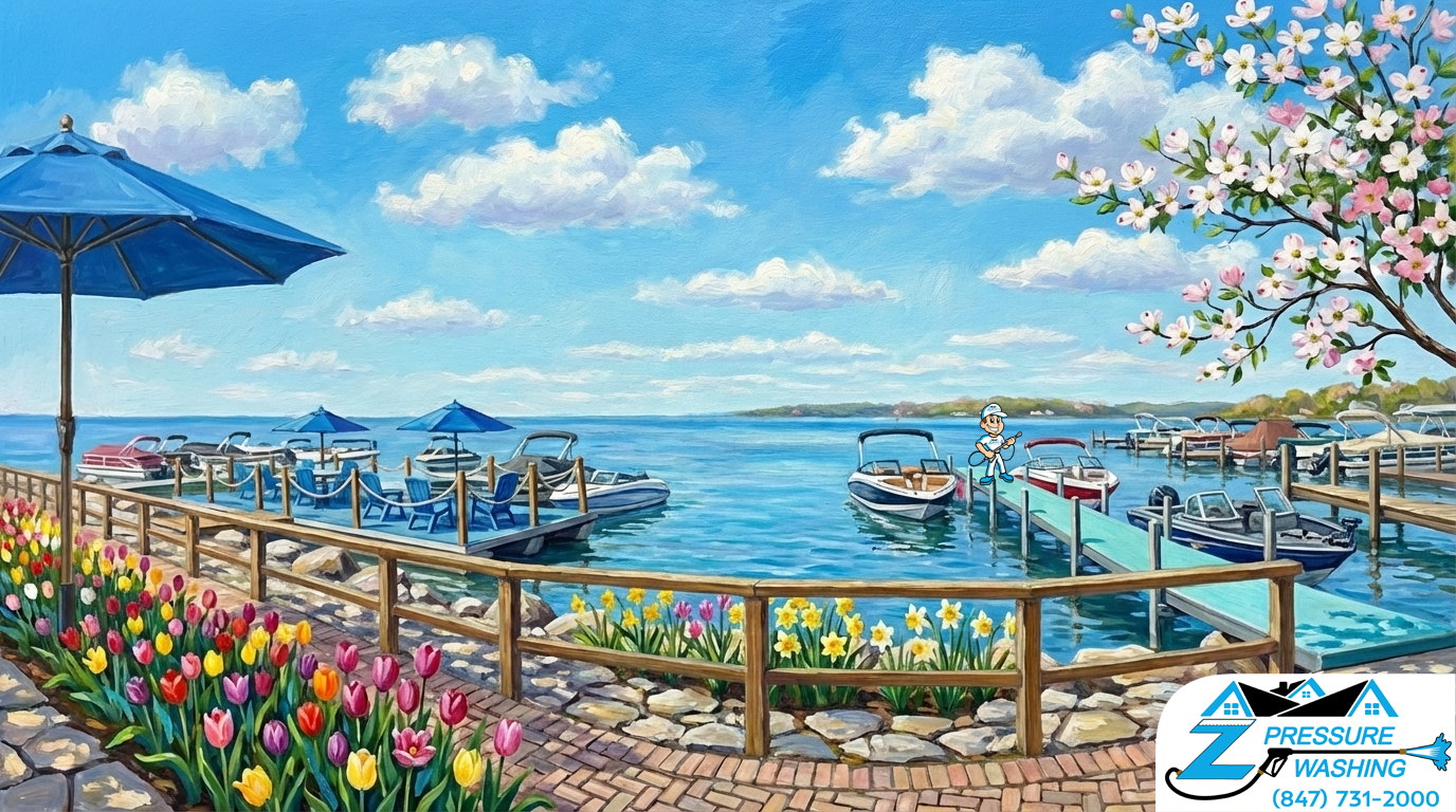 Z Pressure Washing avatar posing on dock with boats at the Silver Lake Marina, Silver Lake, WI. Spring flowers and trees.