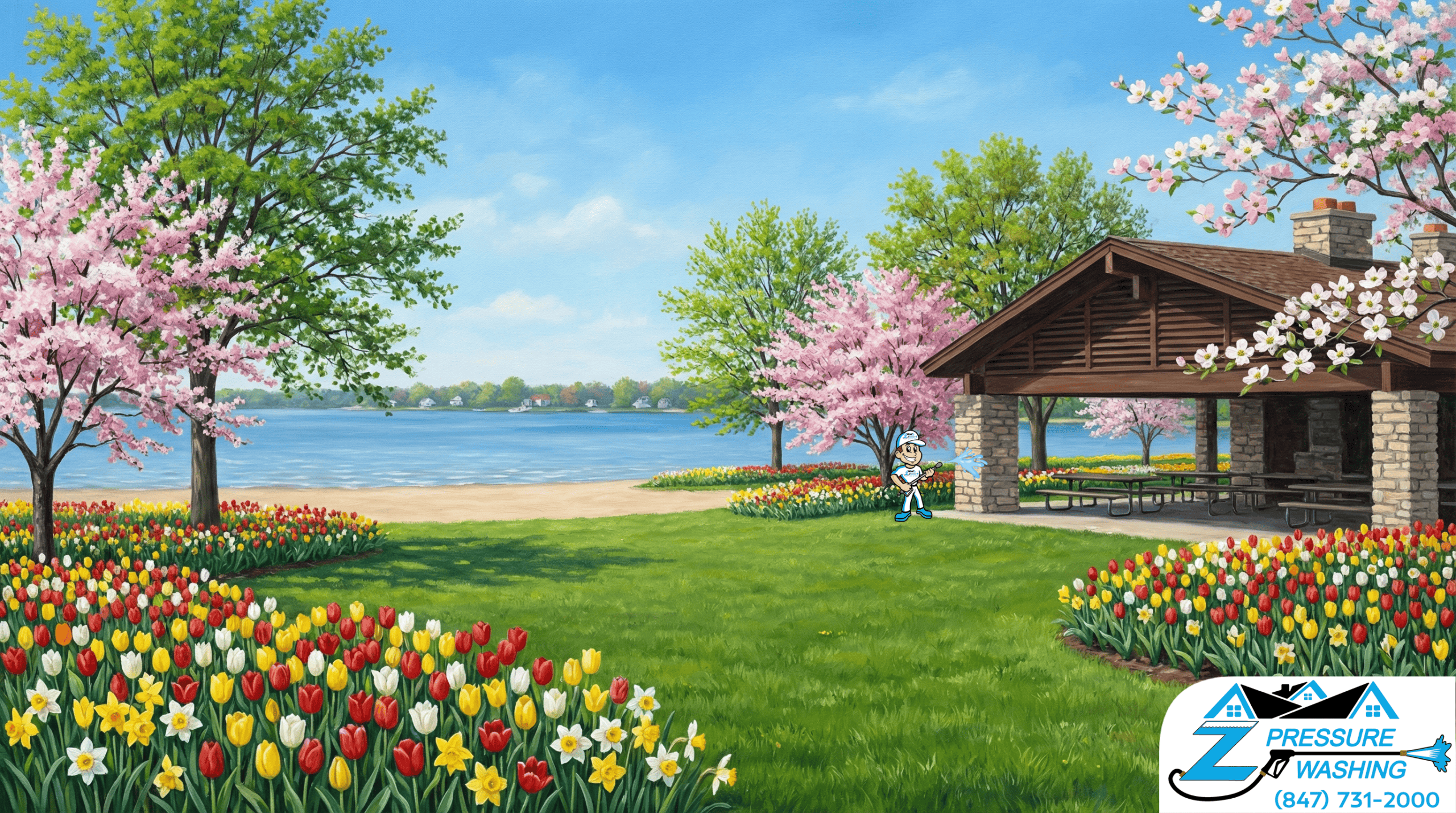 Z Pressure Washing avatar soft washing park building near Silver Lake Park, Salem Lakes, WI. Spring flowers and trees.