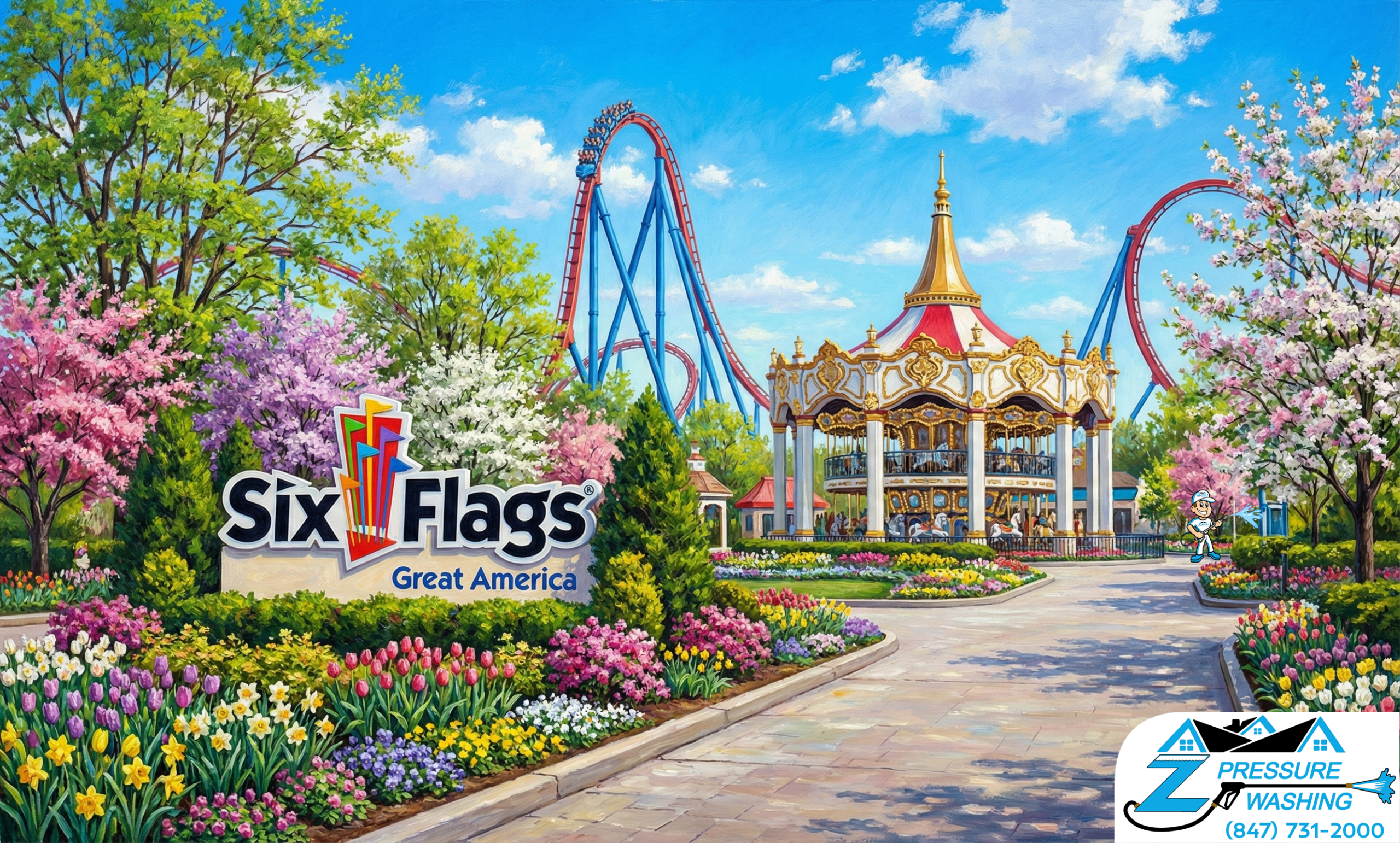 Z Pressure Washing avatar soft washing at Six Flags Great America Gurnee, IL. Spring flowers and trees.