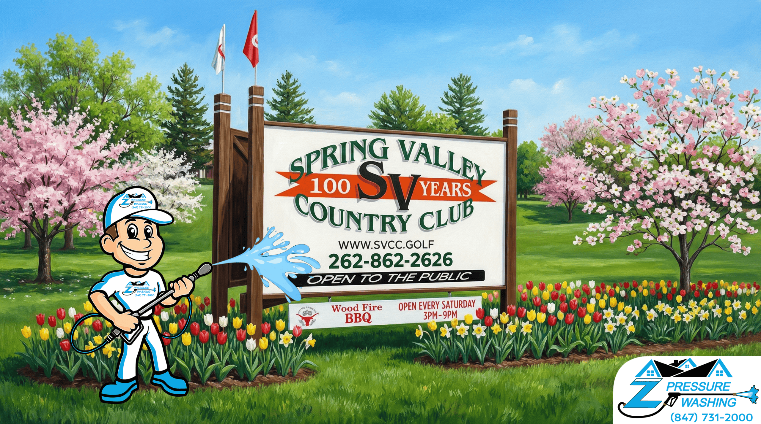 Z Pressure Washing avatar soft washing sign at Spring Valley Country Club, Liberty Corners, WI. Spring flowers and trees.