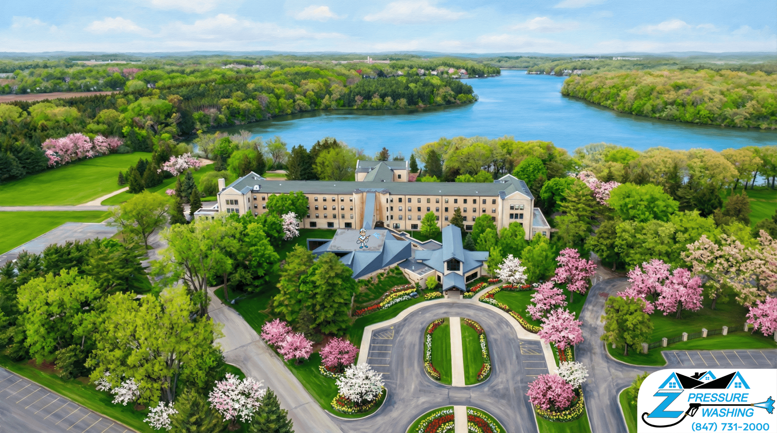 Z Pressure Washing avatar roof washing building at St Benedicts Abbey, Benet Lake, WI. Spring flowers and trees. Sunny.