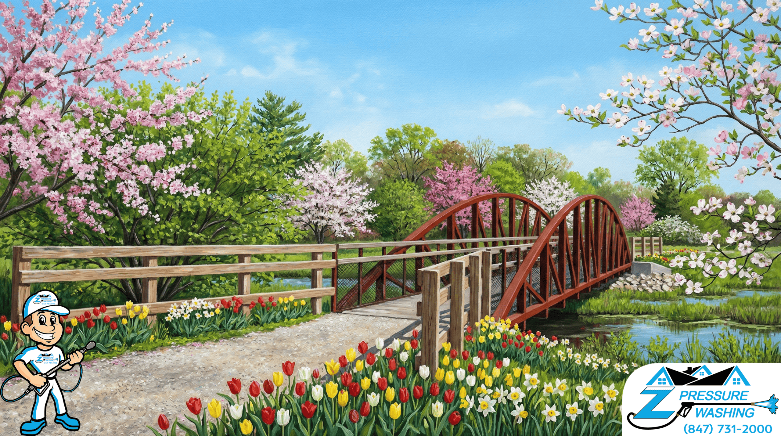 Z Pressure Washing avatar posing before work at Sun Lake Forest Preserve Lake Villa Township, IL. Spring flowers and trees.