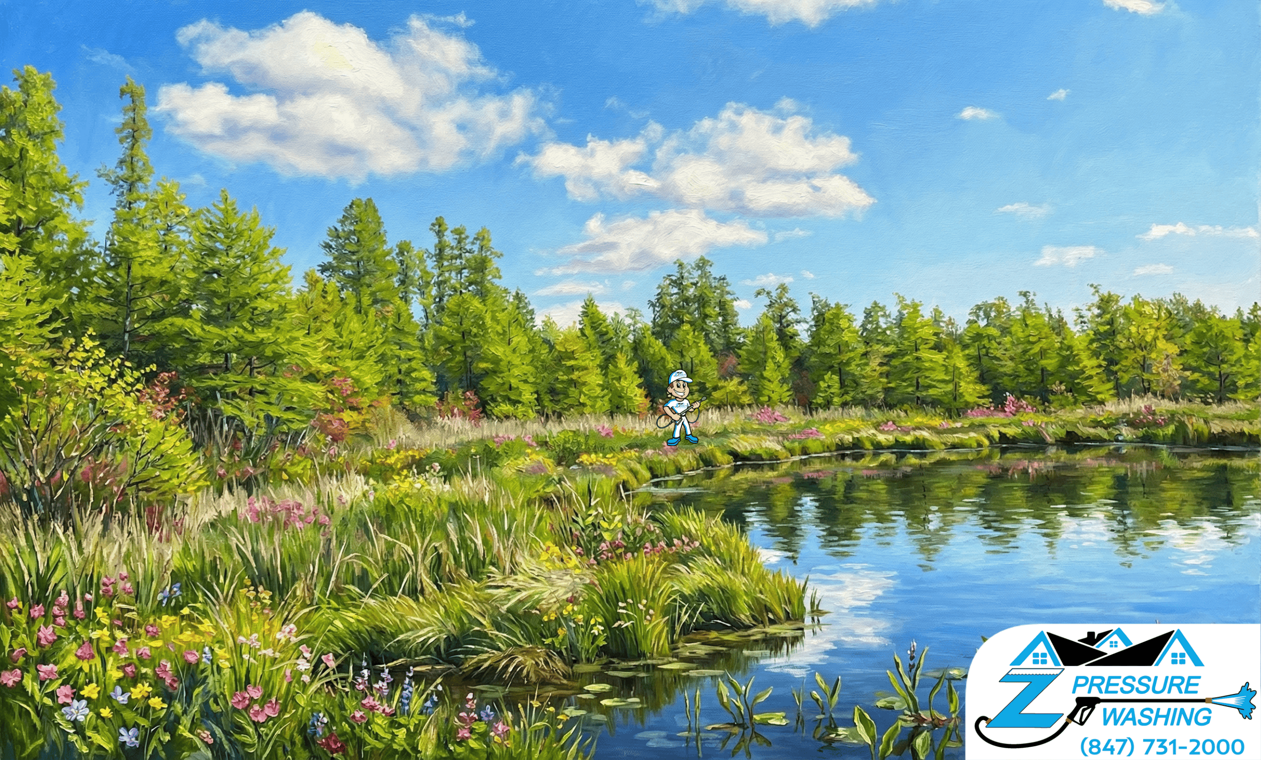 Z Pressure Washing avatar posing by pond at Tamarack Wetland Grant Township, IL. Spring flowers and trees.