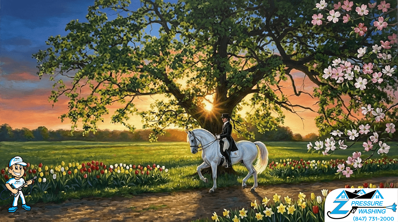 Z Pressure Washing avatar posing by horse at Tempel Lipizzans Farm, Old Mill Creek, IL. Spring flowers and trees. Sunrise.