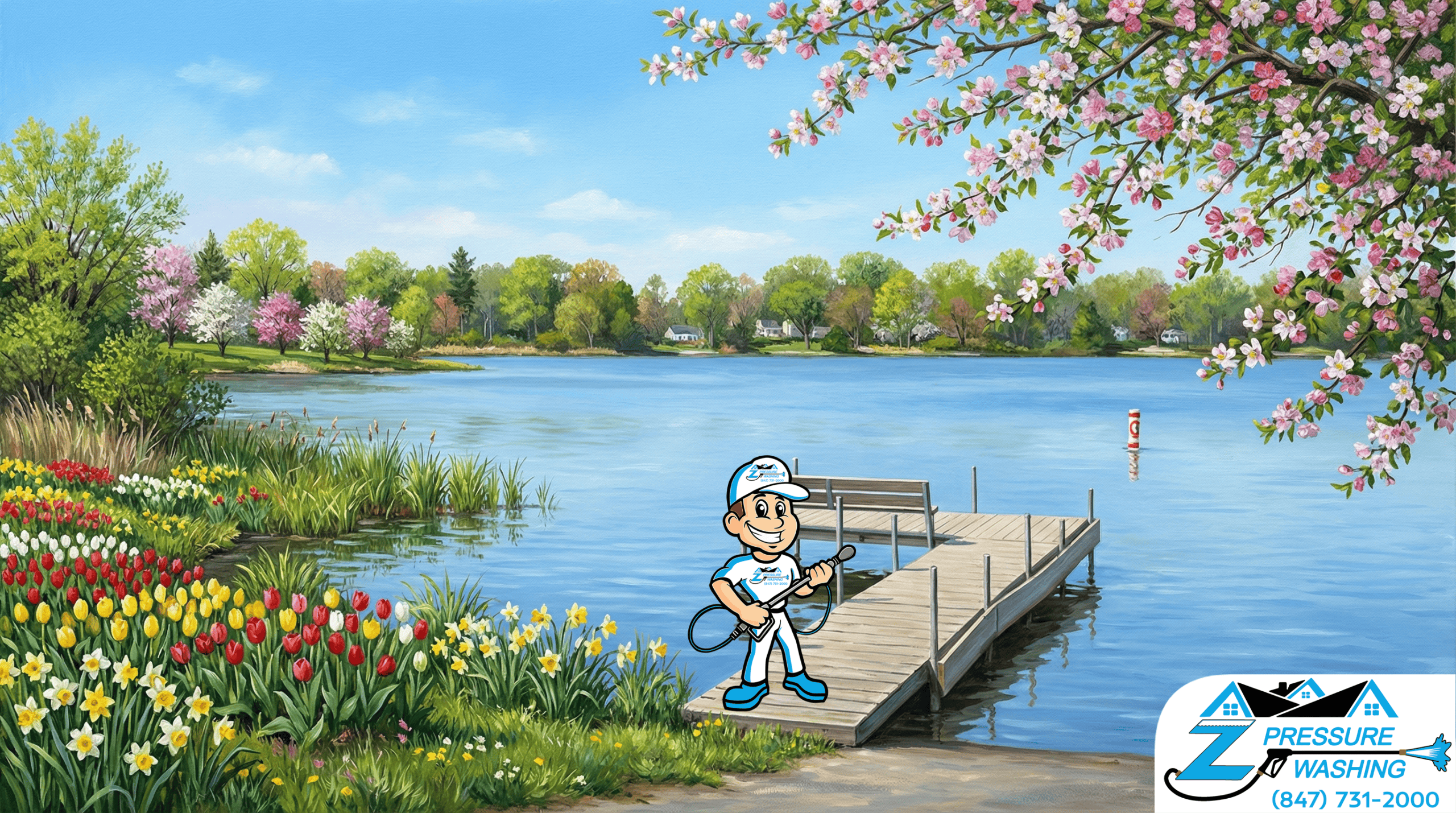 Z Pressure Washing avatar deck washing a dock at Third Lake Boat Launch, Third Lake, IL. Spring flowers and trees.