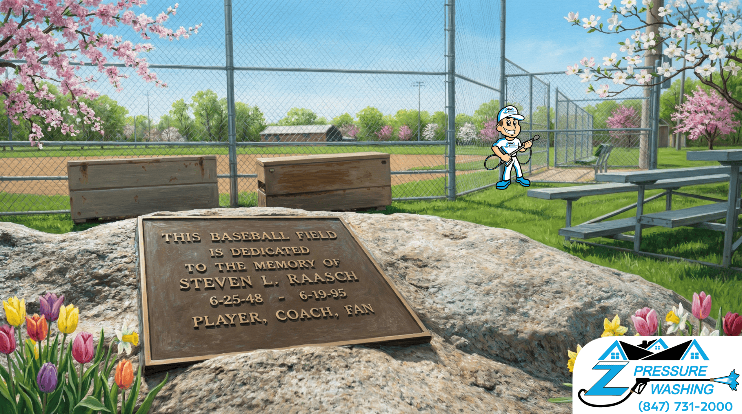 Z Pressure Washing avatar posing before cleaning at Township Athletic Fields, Vernon Township, IL. Spring flowers and trees