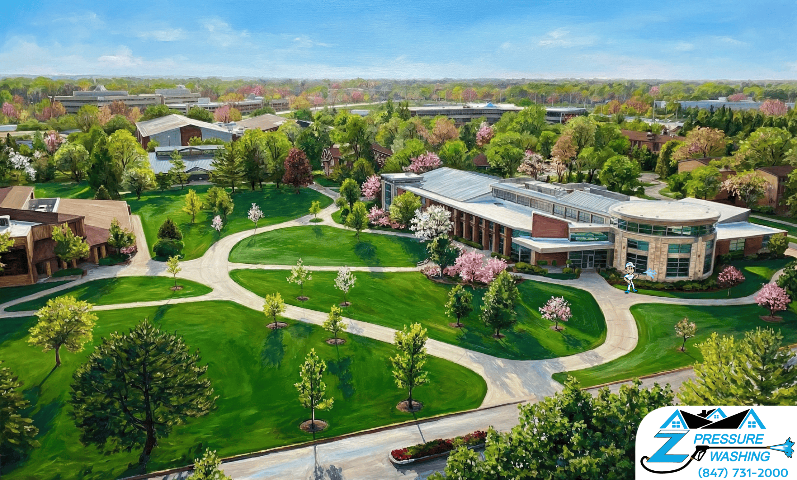 Z Pressure Washing avatar soft washing building at Trinity International University Bannockburn, IL. Spring grass and trees