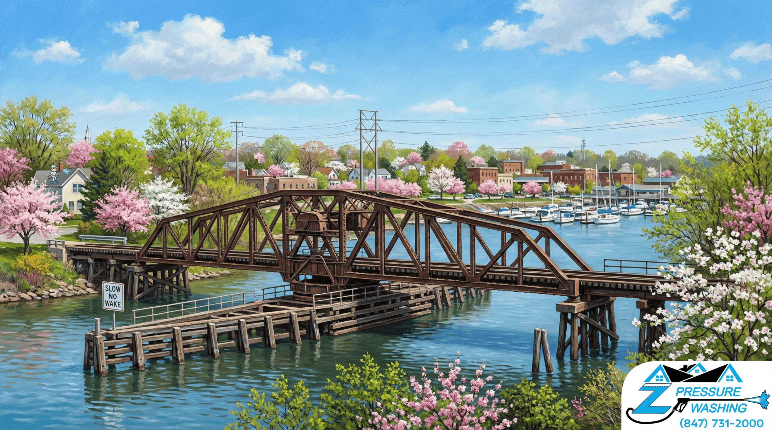 Z Pressure Washing avatar roof washing near Twin Lakes border, Randall, WI. Spring flowers and trees. Trestle over water.