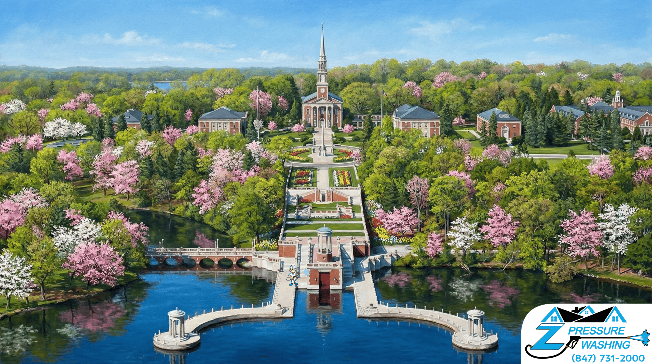 Z Pressure Washing avatar soft washing at University of Saint Mary of the Lake, Munelein, IL. Spring flowers and trees.