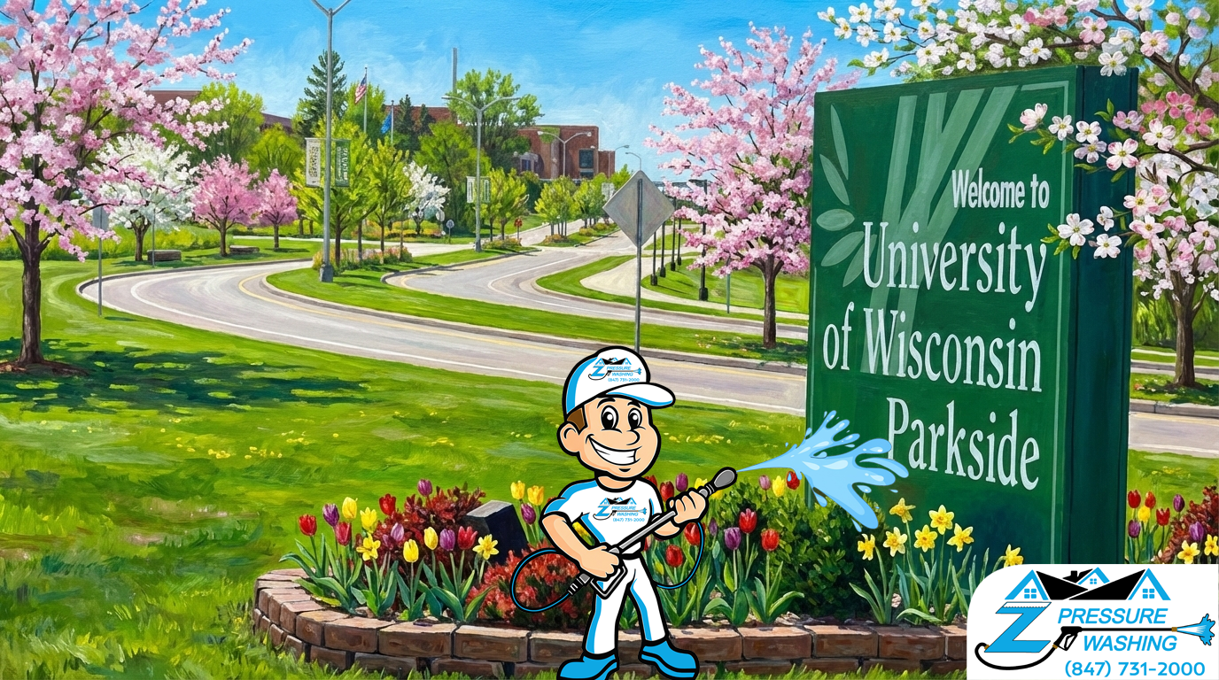 Z Pressure Washing avatar house washing sign at University of Wisconsin Parkside, Somers, WI. Spring flowers and trees.