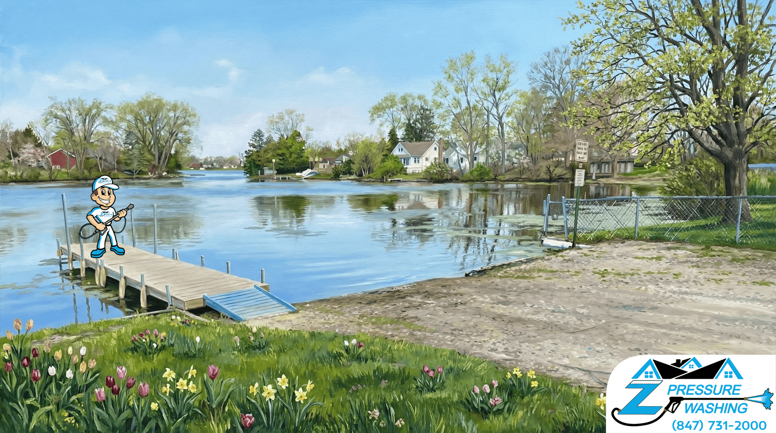 Z Pressure Washing avatar posing before roof washing at the Village Boat Launch Island Lake, IL. Spring flowers.