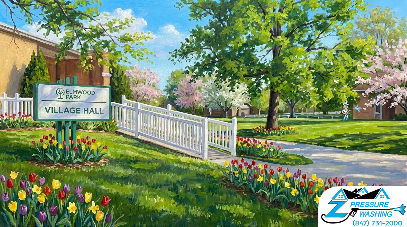 Z Pressure Washing avatar house washing home near Village Hall, Elmwood Park, WI. Spring flowers and trees. Sunny day.