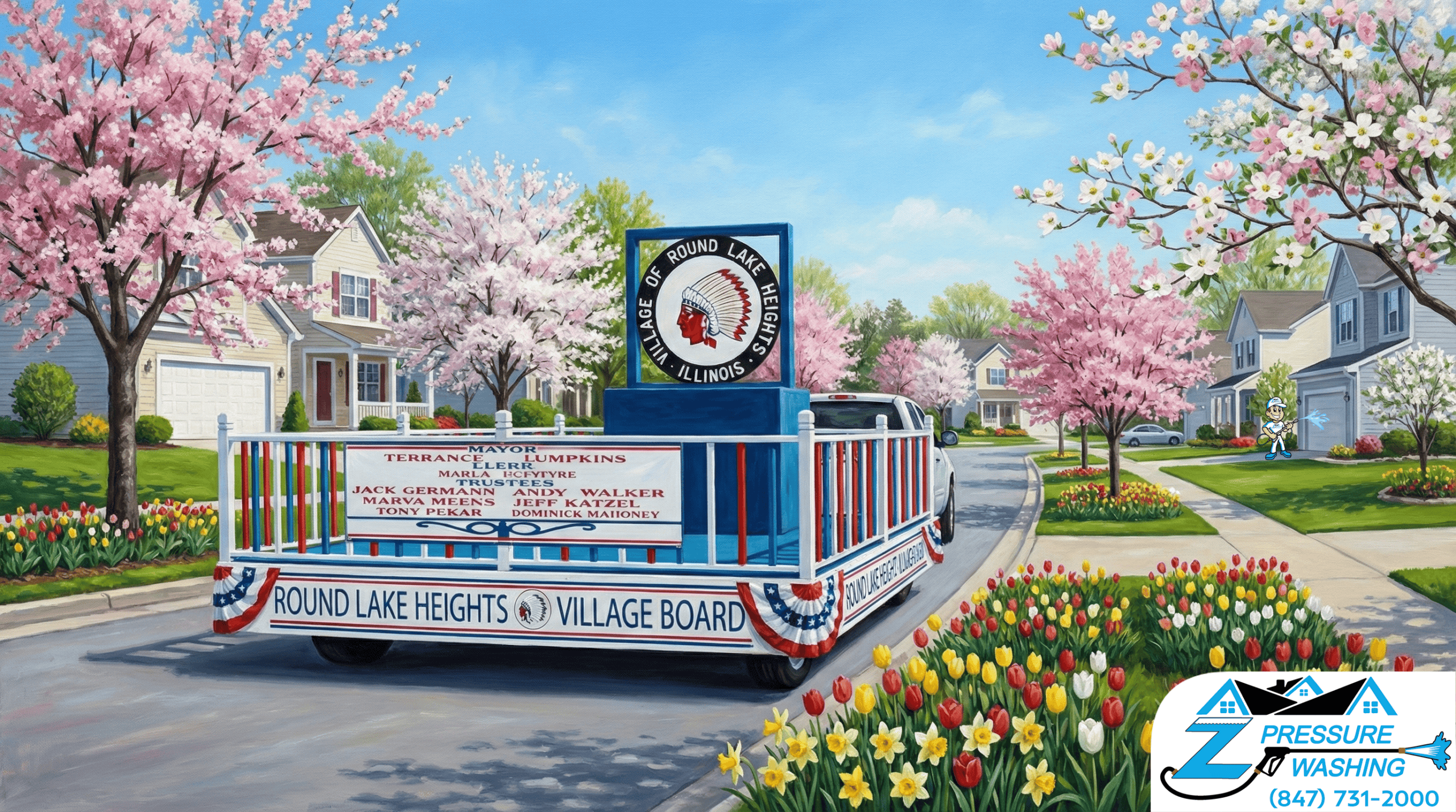 Z Pressure Washing avatar house washing home near Village Hall Float, Round Lake Heights, IL. Spring flowers and trees.