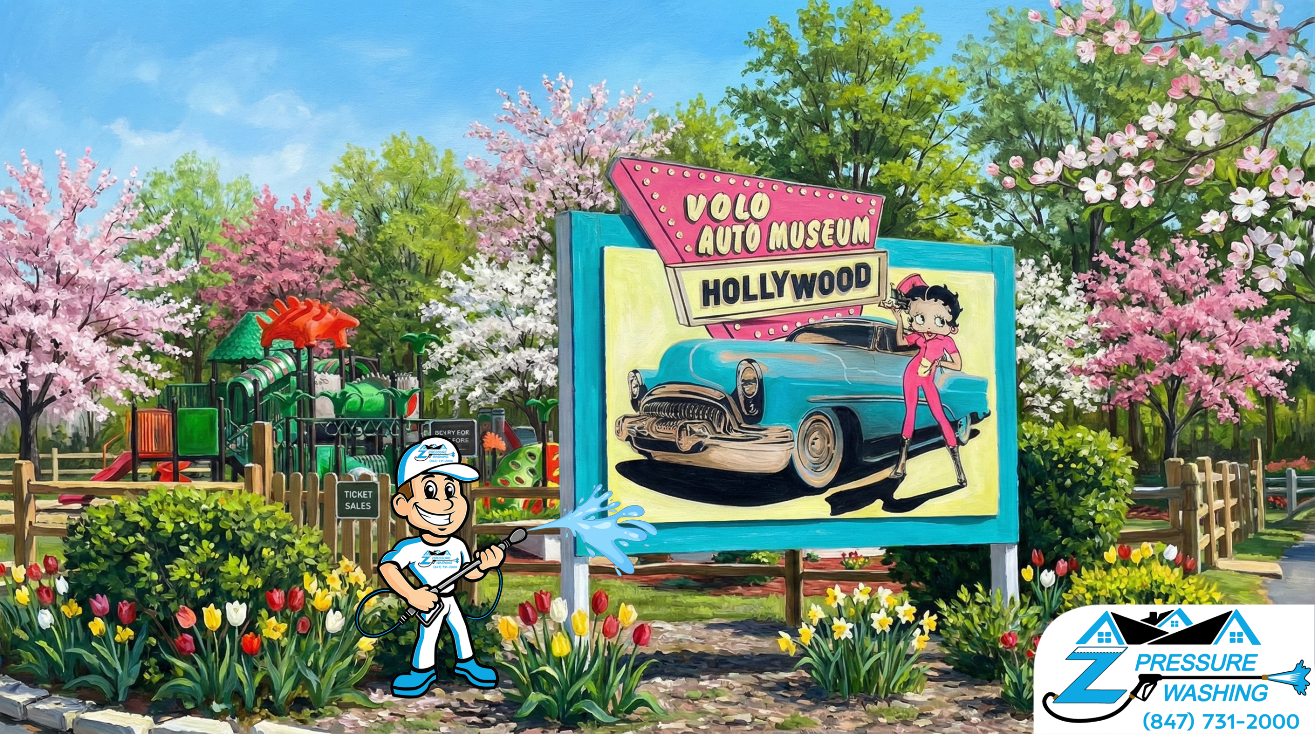 Z Pressure Washing avatar soft washing sign at Volo Auto Museum, Volo, IL. Spring flowers and trees. Kids area behind.