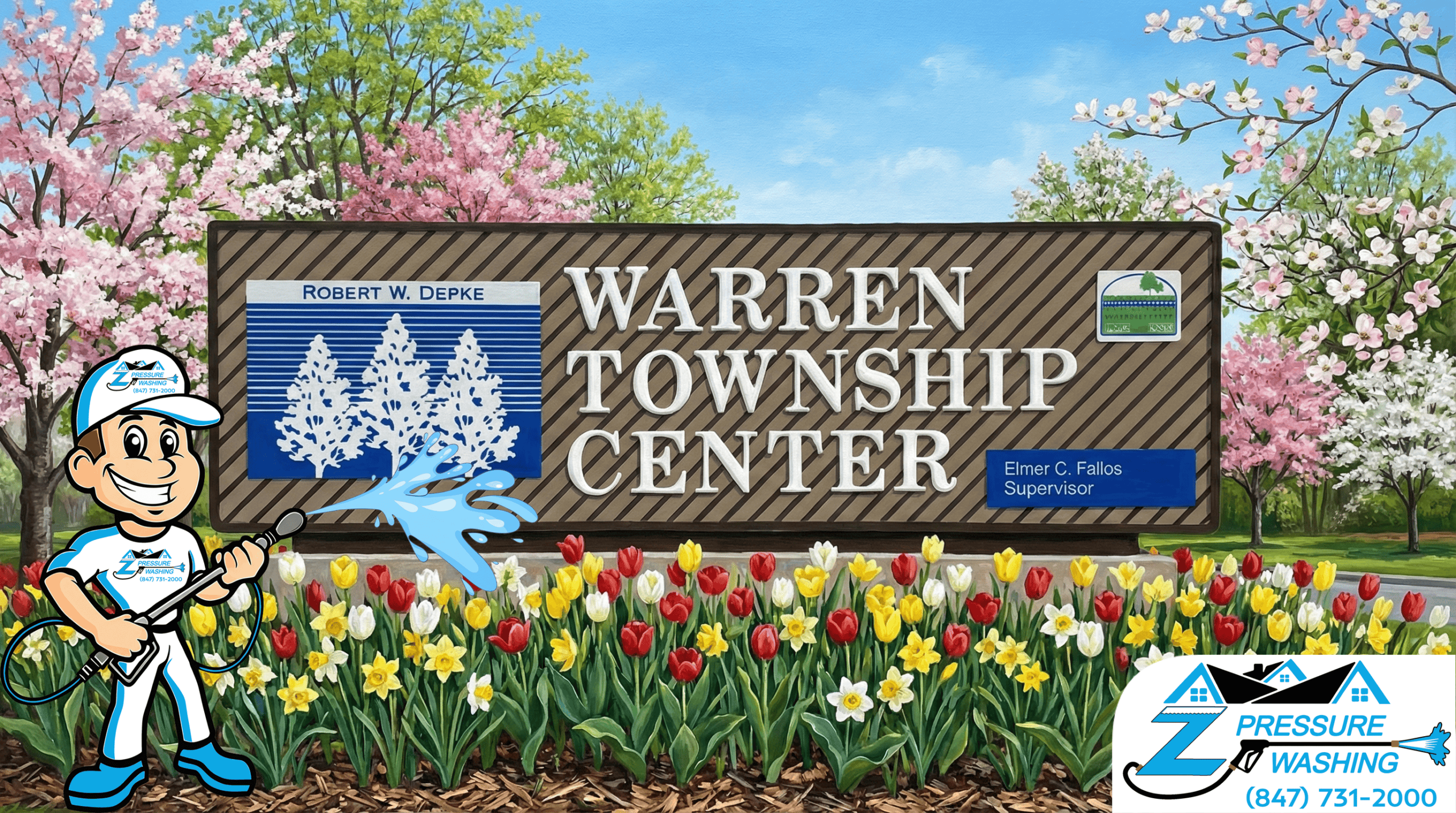 Z Pressure Washing avatar soft washing sign at Warren Township Center, Warren Township, IL. Spring flowers and trees.