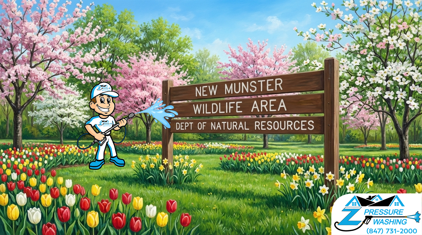 Z Pressure Washing avatar house washing  a sign at the WildLife Area, New Munster, WI. Spring flowers and trees.