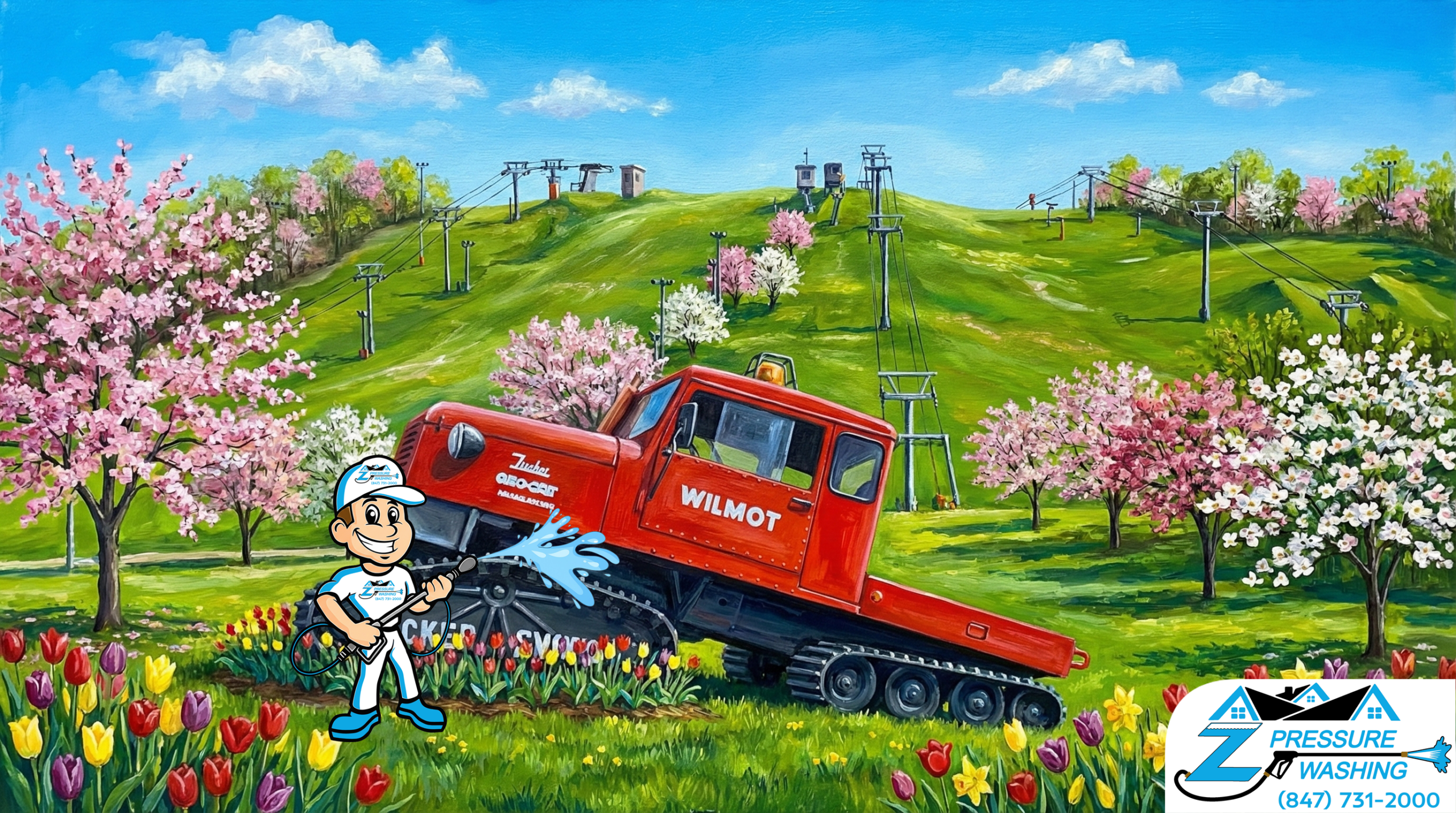 Z Pressure Washing avatar fleet washing snow cat at Wilmot Mountain, Wilmot, WI. Spring flowers and trees. Sunny day.