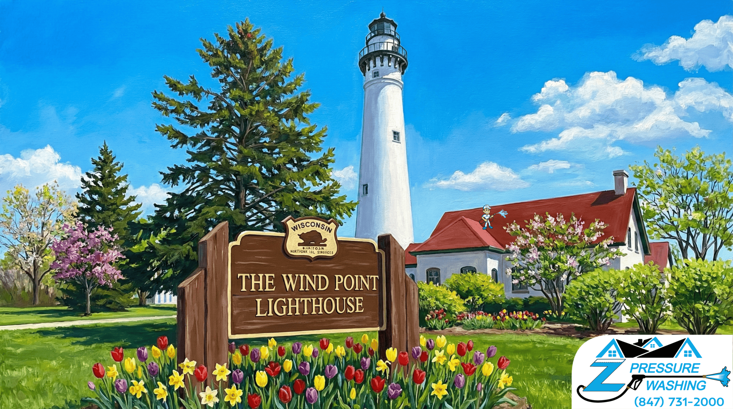Z Pressure Washing avatar roof washing at the Wind Point Lighthouse, Wind Point, WI. Spring flowers and trees. Sunshine.