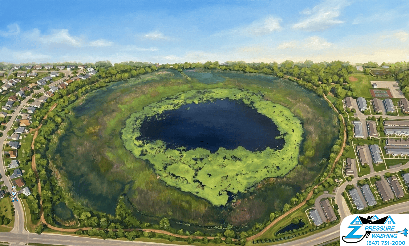 Z Pressure Washing avatar house washing at Cranberry Lake Hainesville, IL. Spring clear sky. View from above.