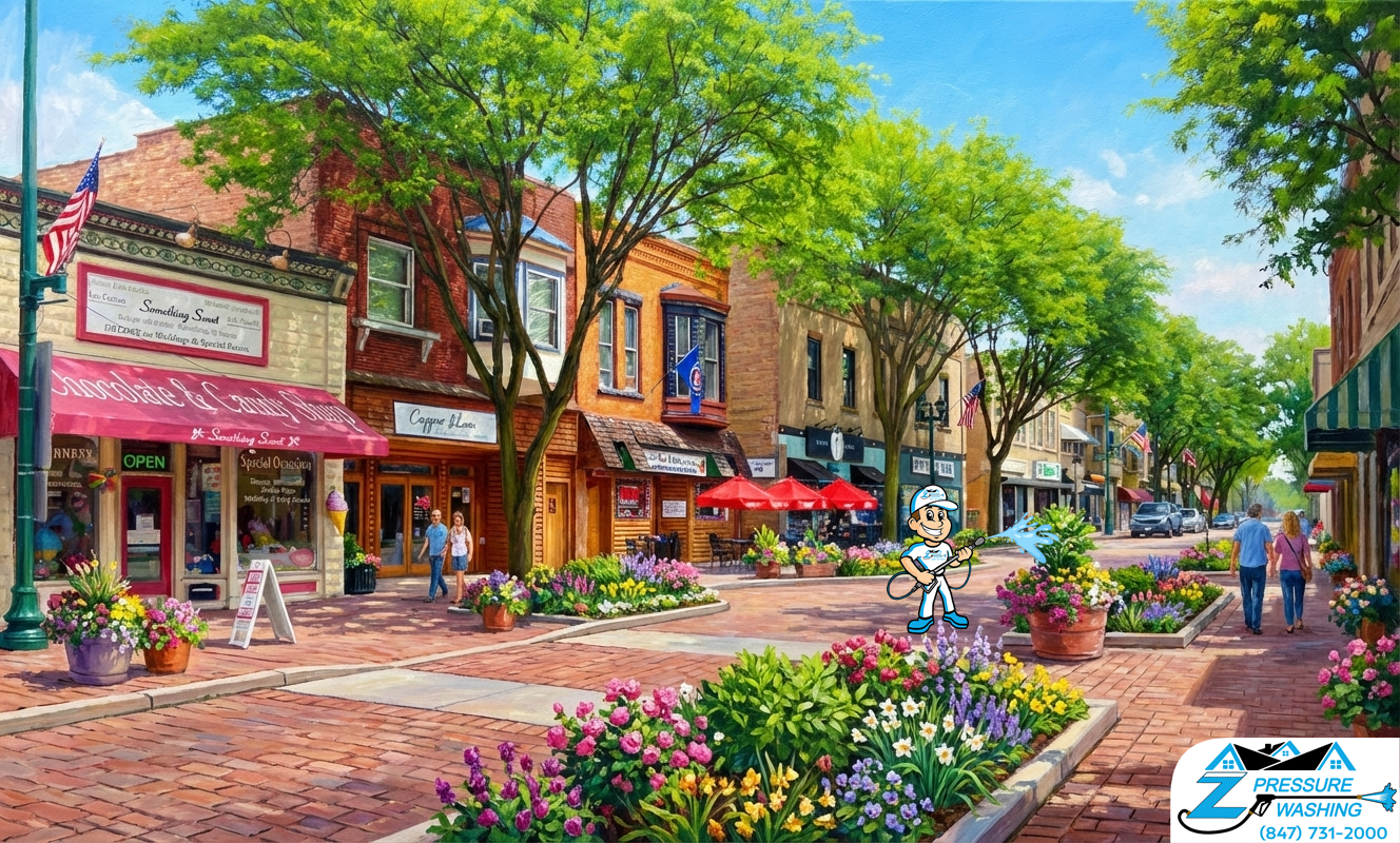 Z Pressure Washing avatar, ready for soft washing building exteriors in Historic downtown Antioch, IL. Spring flowers.