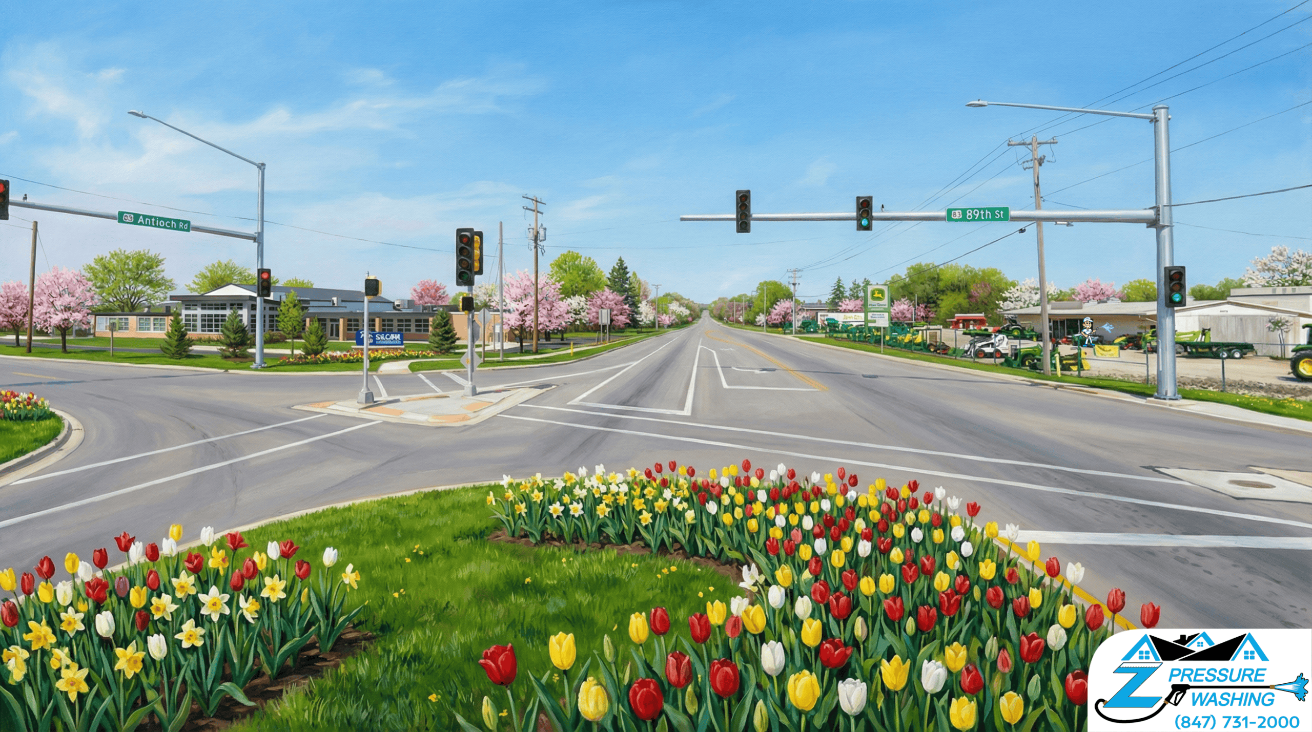 Z Pressure Washing avatar soft washing commercial building near Highway 83 corridor, Salem, WI. Spring flowers and trees.