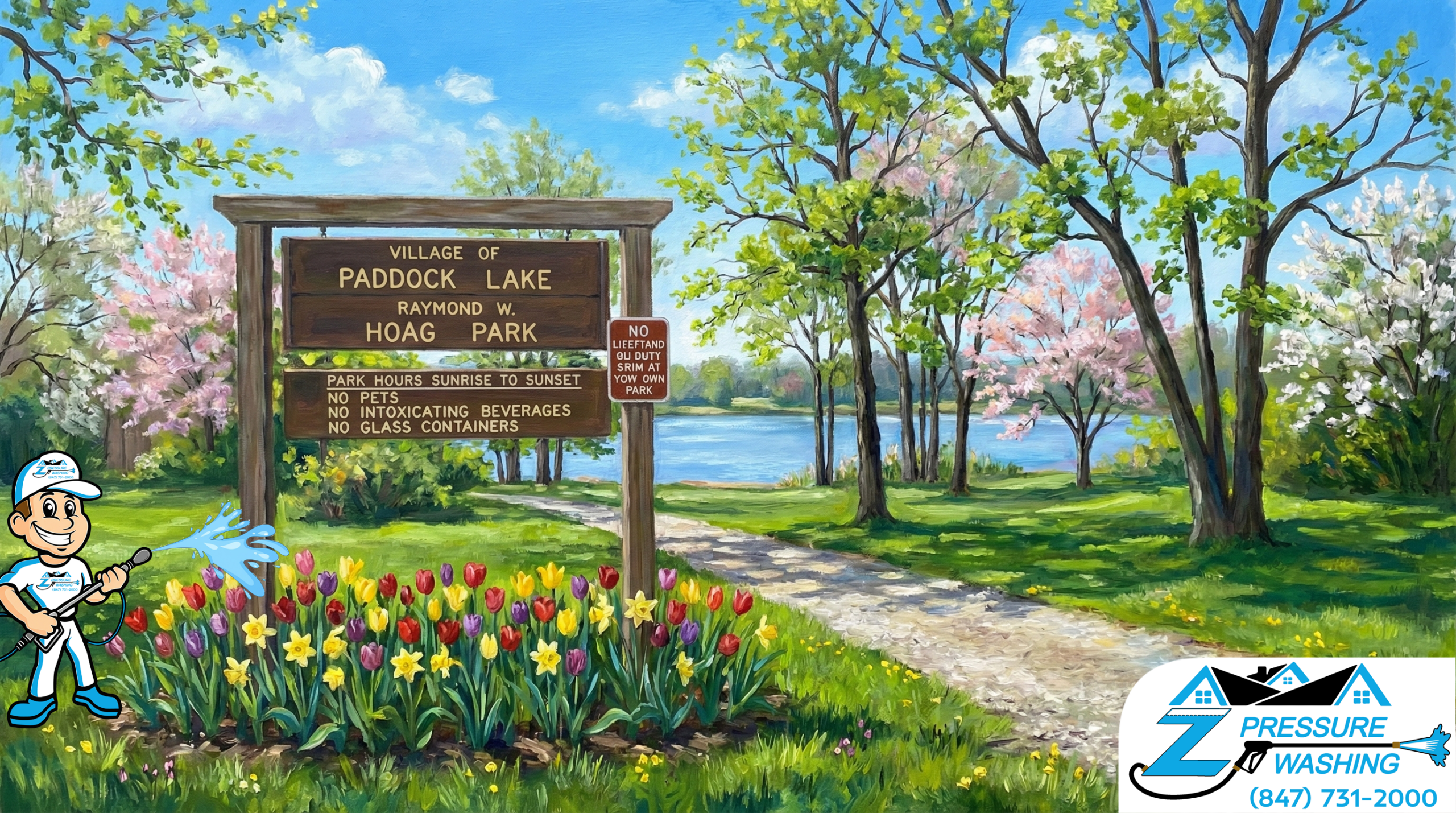 Z Pressure Washing avatar soft washing sign at Hoag Park, Paddock Lake, WI. Spring flowers and trees. Sunshine on lake.