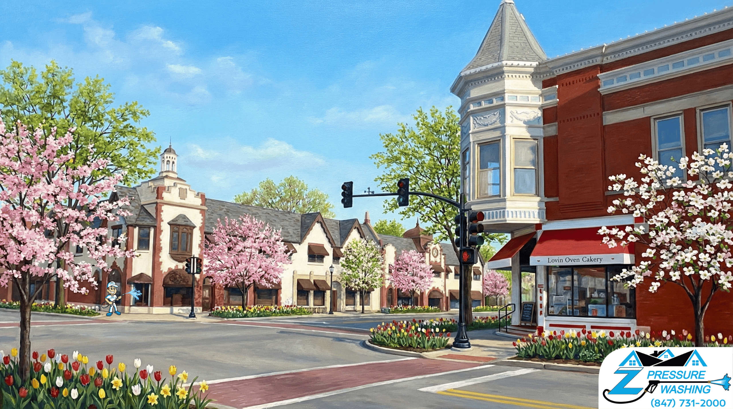 Z Pressure Washing avatar soft washing commercial building on Main Street in Libertyville, IL. Spring flowers and trees.