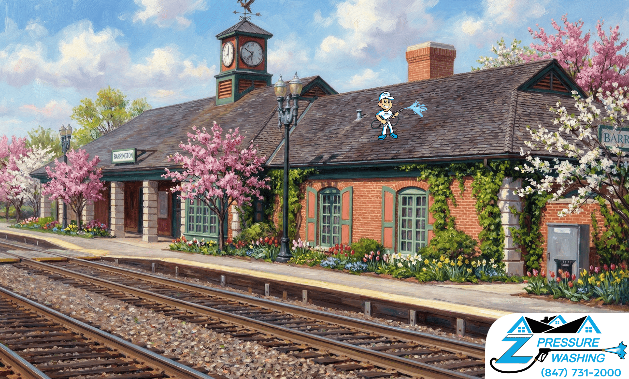 Z Pressure Washing avatar roof washing at the Metra station, Barrington IL. Spring flowers and trees. Gentle roof treatment