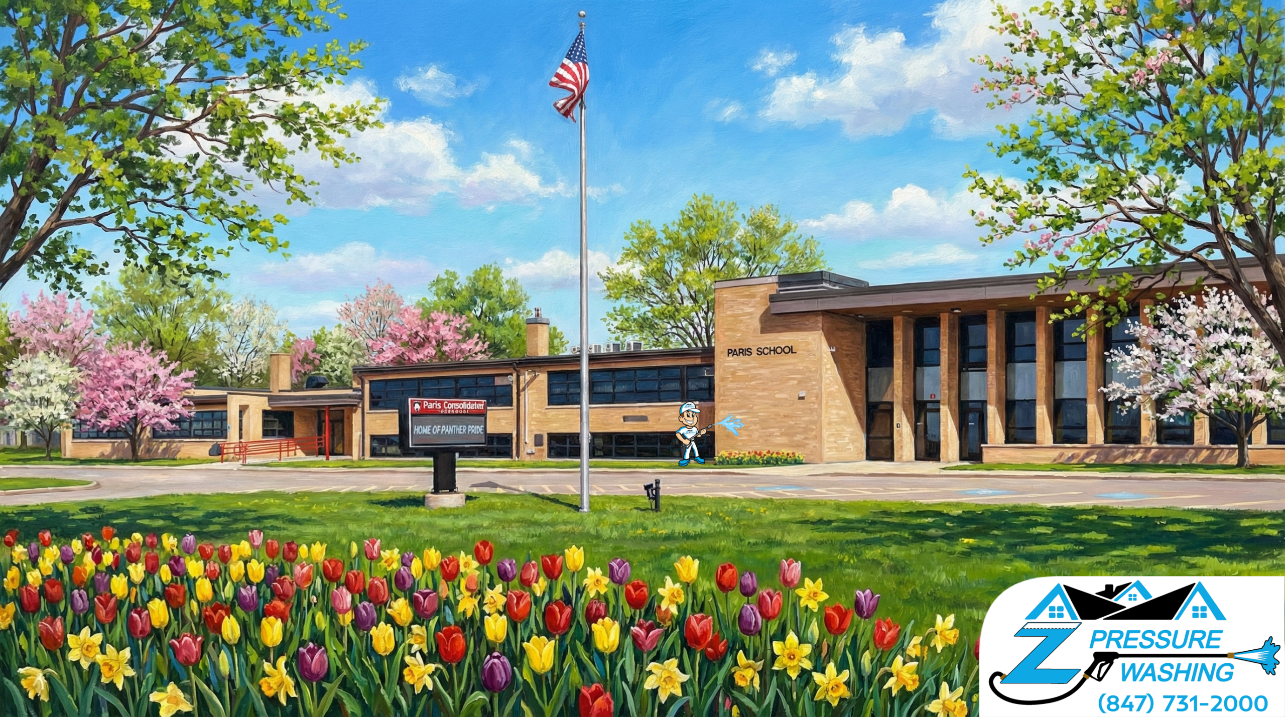 Z Pressure Washing avatar house washing building at the Paris Consolidated School, Paris, WI. Spring flowers and trees.