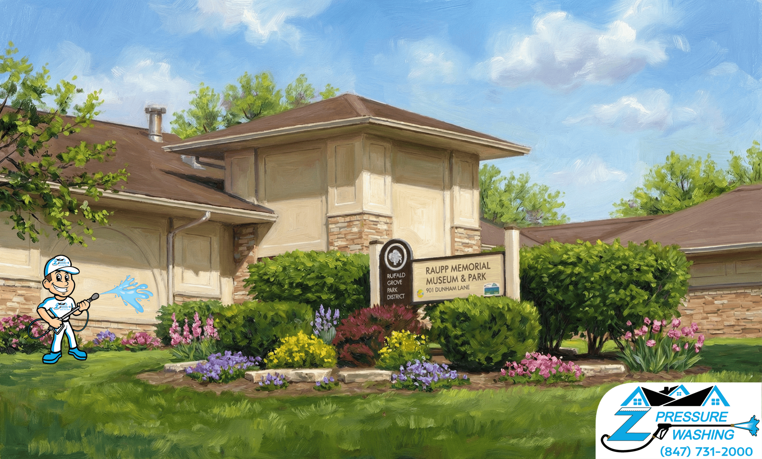 Z Pressure Washing avatar is house washing / soft washing the Raupp Museum Buffalo Grove, IL. Spring flowers and grass.