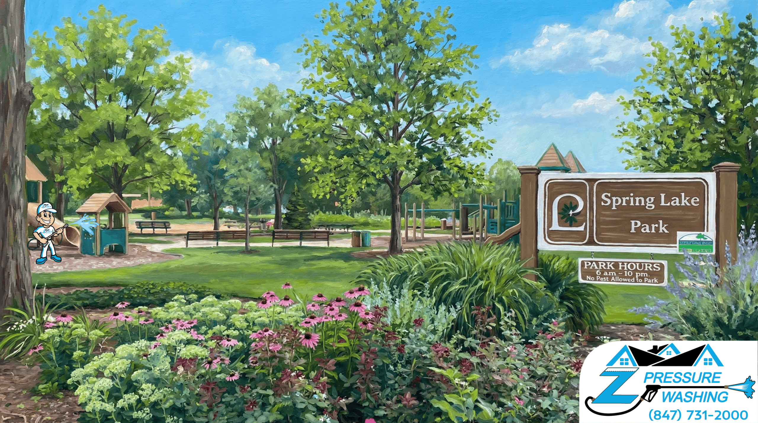 Z Pressure Washing avatar house washing playground at Spring Lake Park Lincolnshire, IL. Spring flowers and trees.