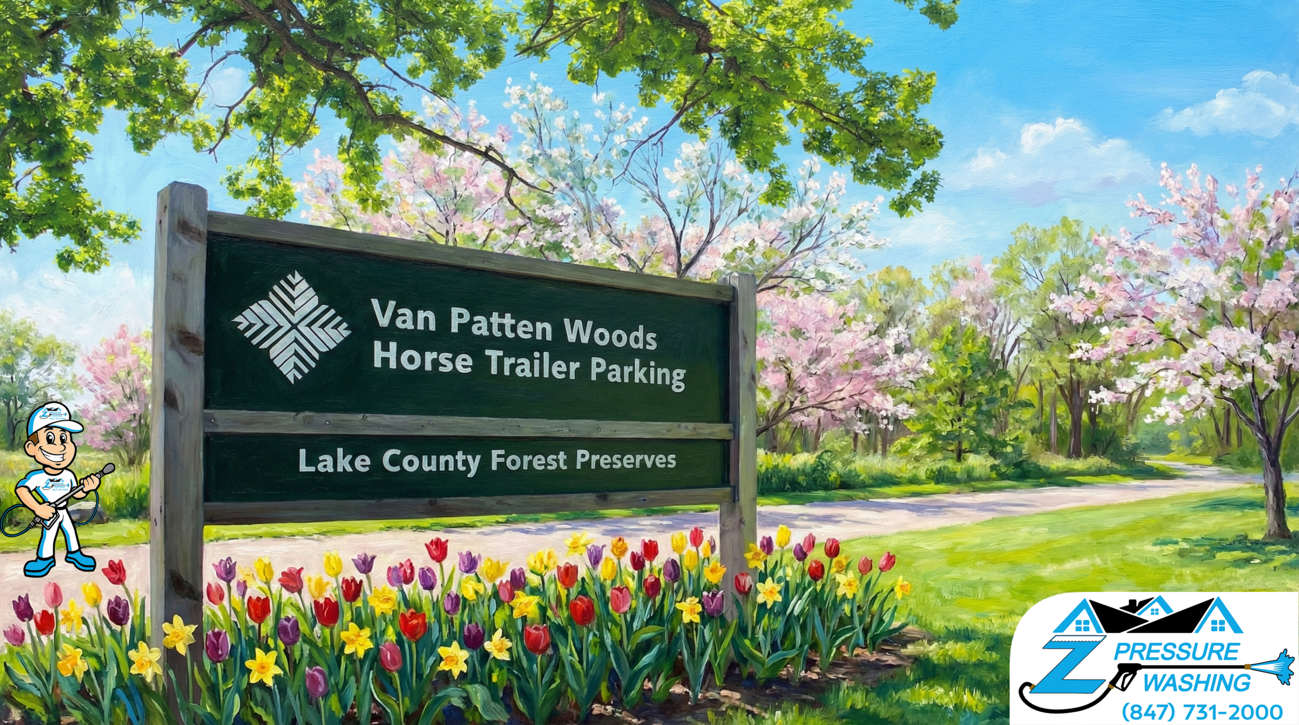 Z Pressure Washing avatar posing and ready for house washing near Van Patten Woods sign Benton Township, IL. Spring colors.
